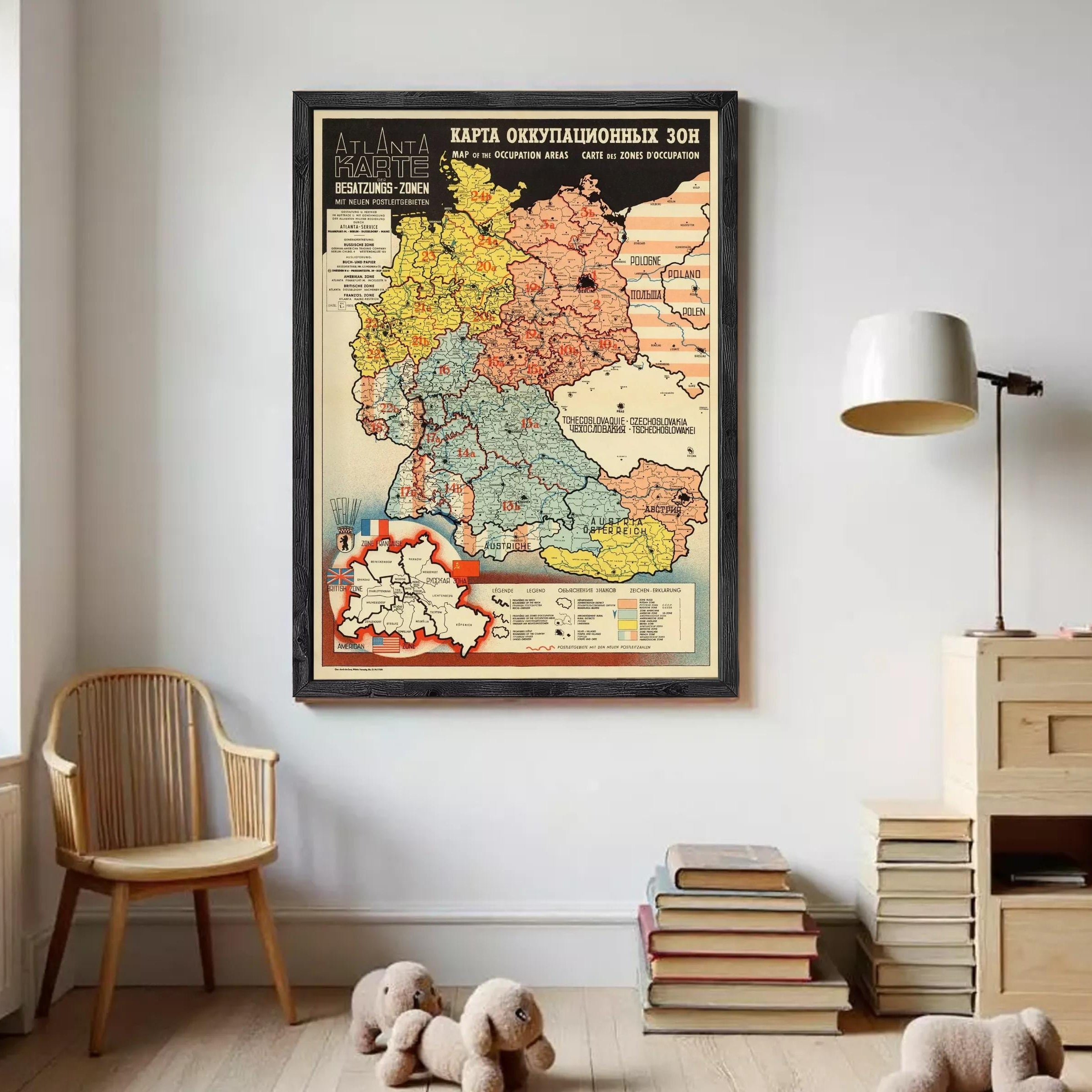 The image is a framed map of Germany, showing the different occupation areas and zones of occupation during the war.
