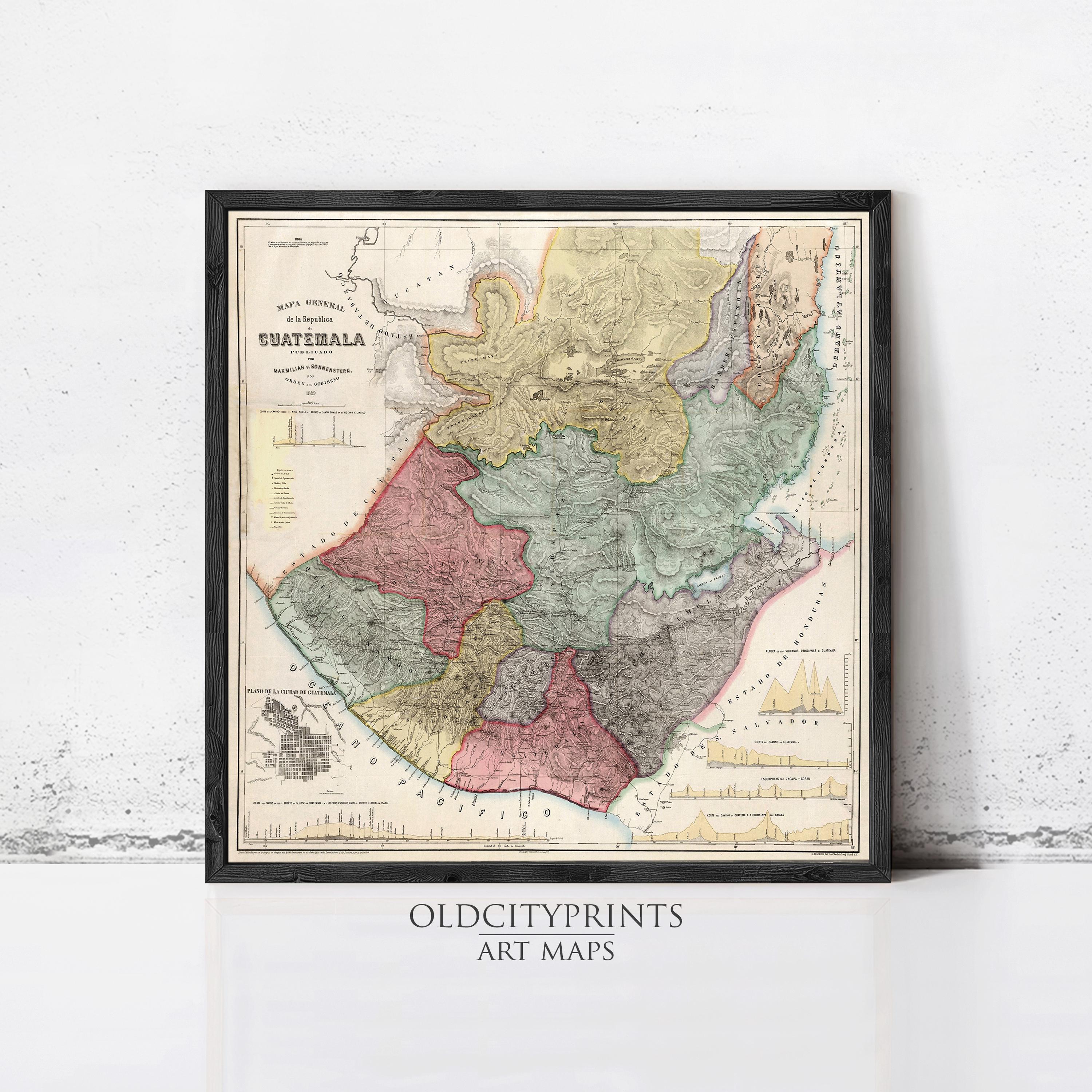 The image is a framed vintage map of Guatemala, depicting the country's geographical layout and boundaries.