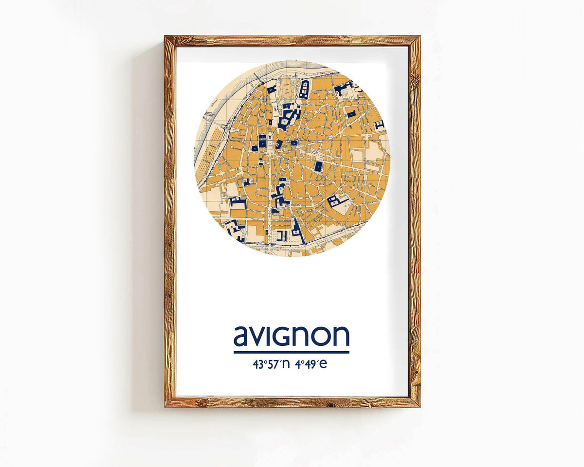 The image is a framed print of a map of Avignon, France, with the city's name and coordinates displayed.
