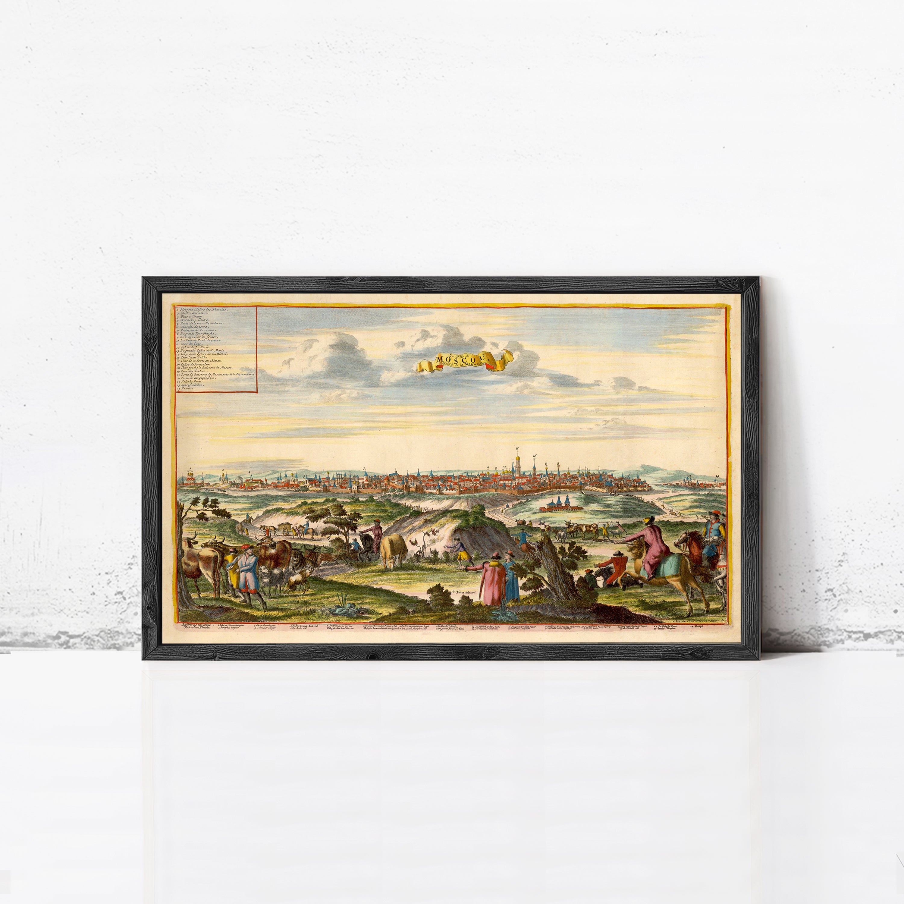 The image is a framed painting depicting a cityscape with people, horses, and buildings in the background.