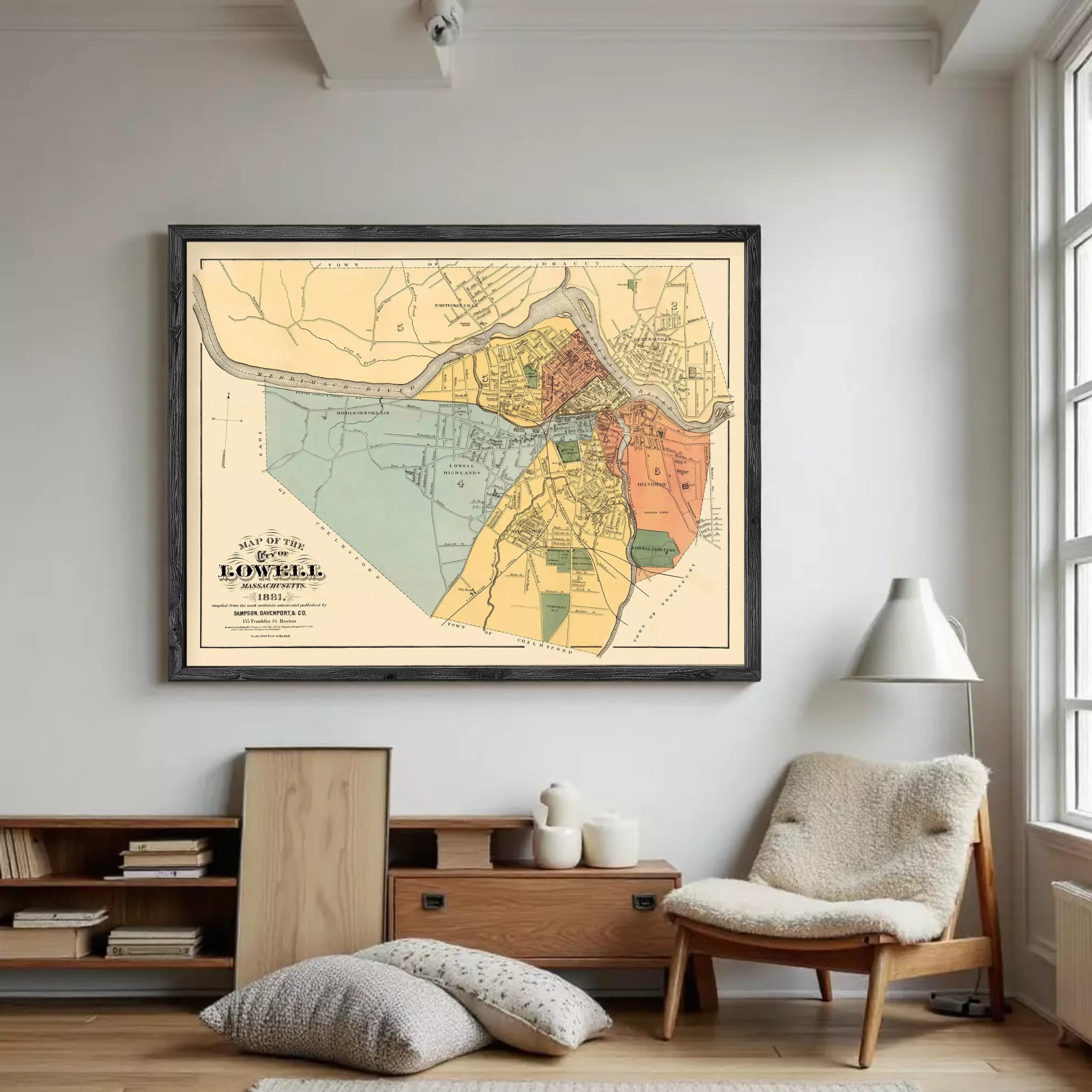 The image is a framed map of the town of Lowell, Massachusetts, dated 1882.