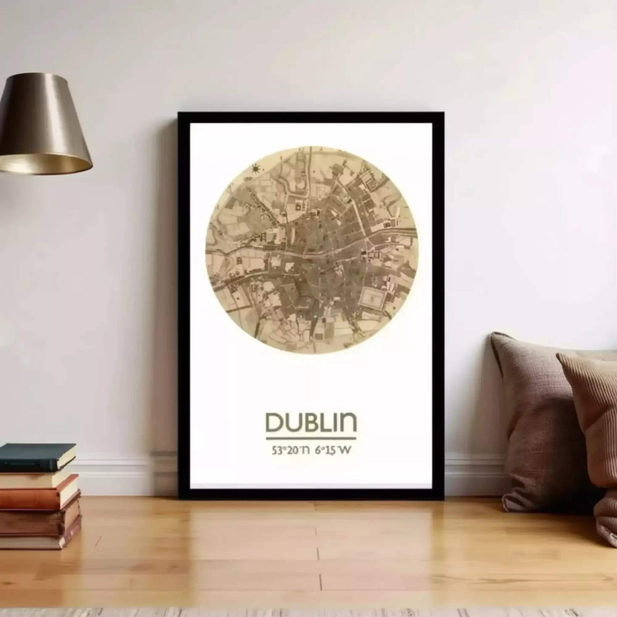 A framed map of Dublin, Ireland, with the text "DUBLIN" and "52°N 6°E 15°W" printed on it.