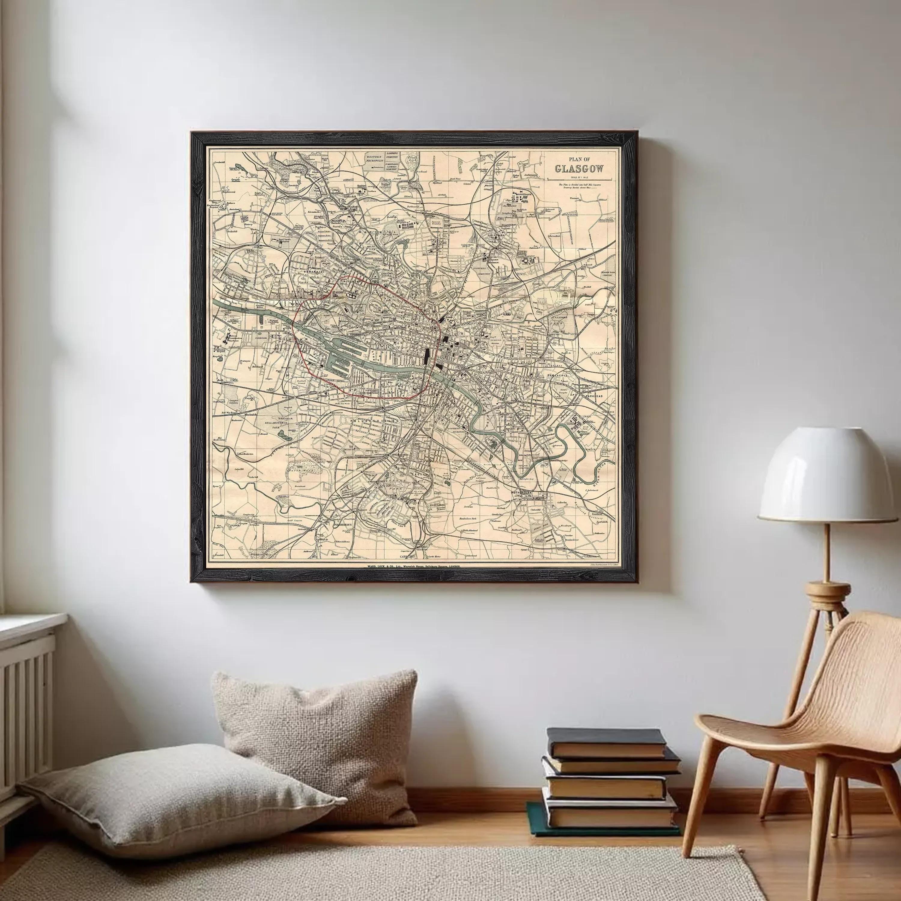 The image is a framed vintage map of Glasgow, Scotland, depicting the city's streets and landmarks in a detailed and intricate manner.
