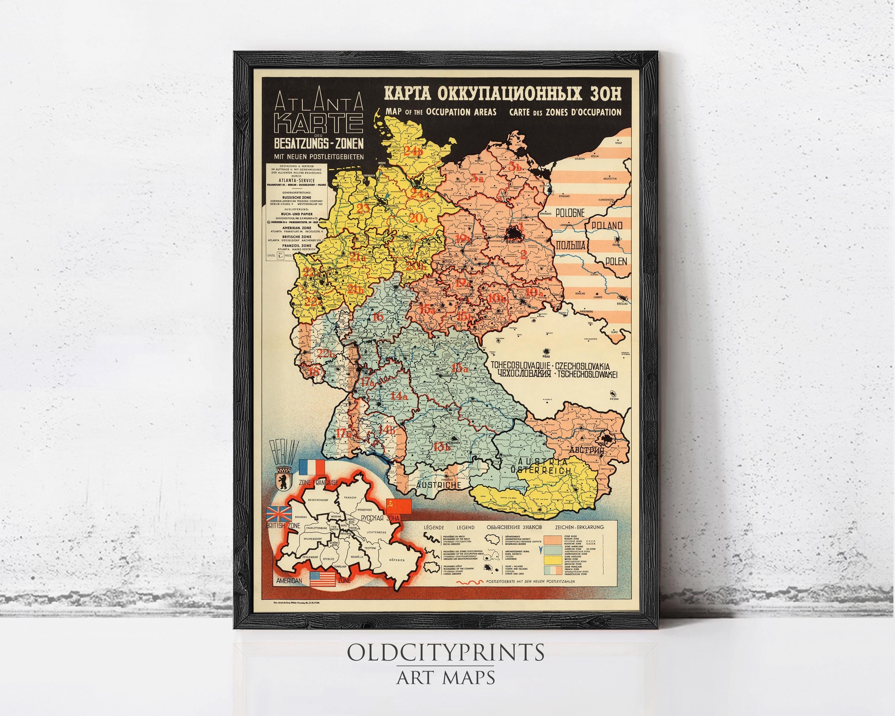The image is a framed vintage map of Germany, depicting the occupied territories and occupied zones during World War II.