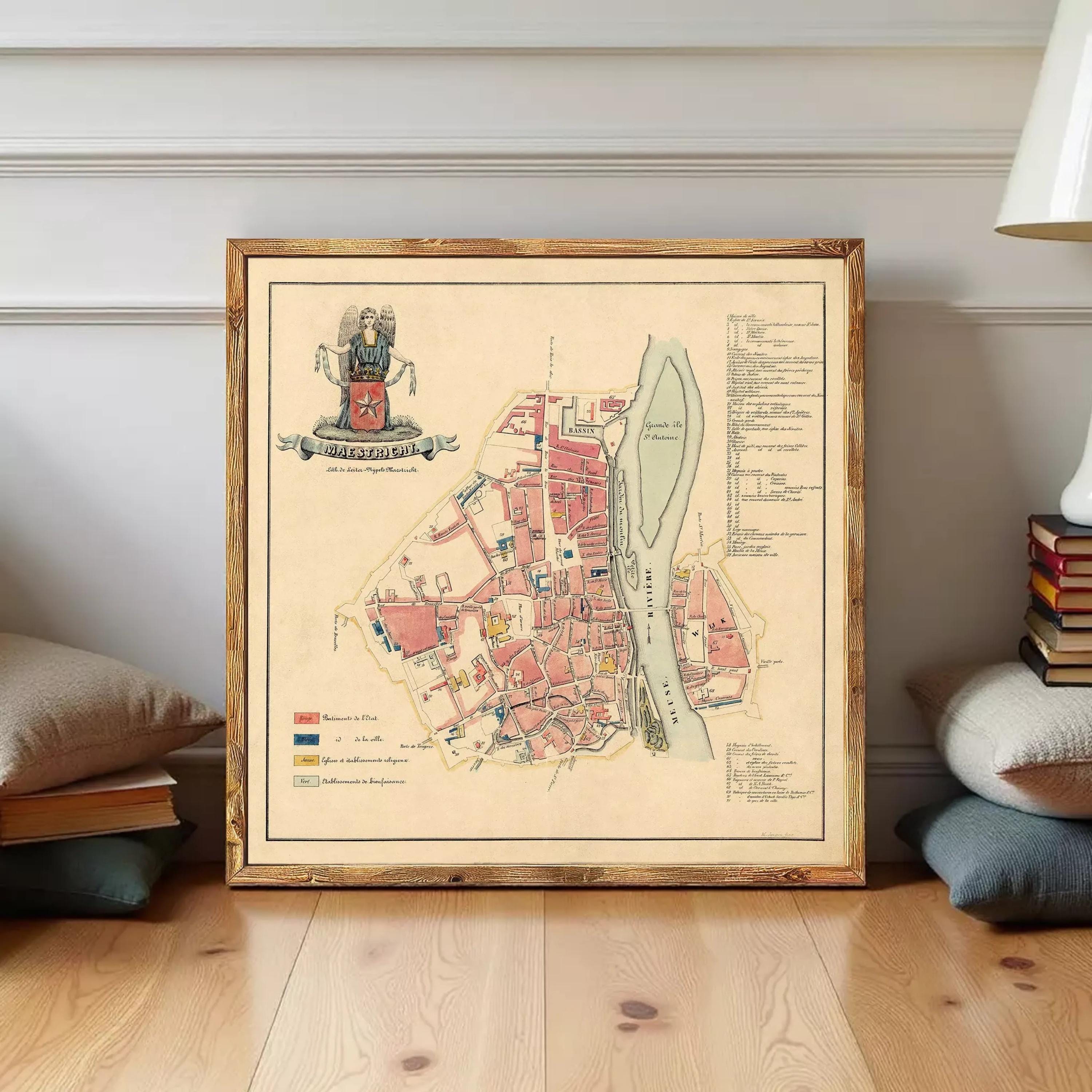 The image is a framed map of a city, likely from the past, with a coat of arms and various labels indicating different locations and landmarks within the city.