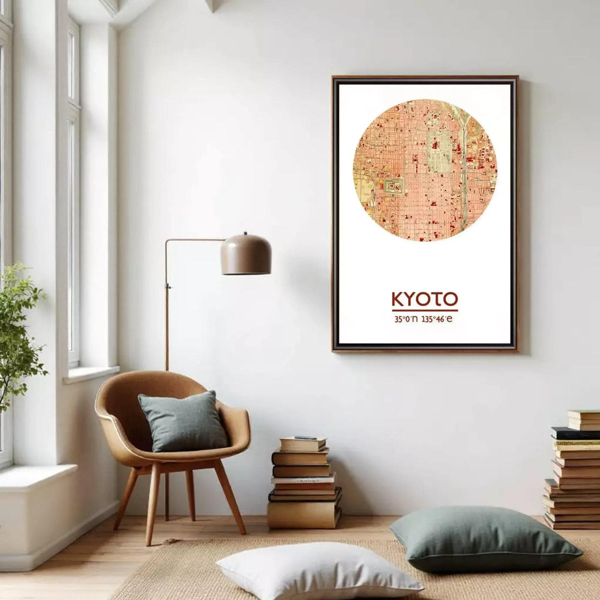 a cozy living room with a large circular map of Kyoto hanging on the wall, a wooden chair, a floor lamp, and a stack of books.