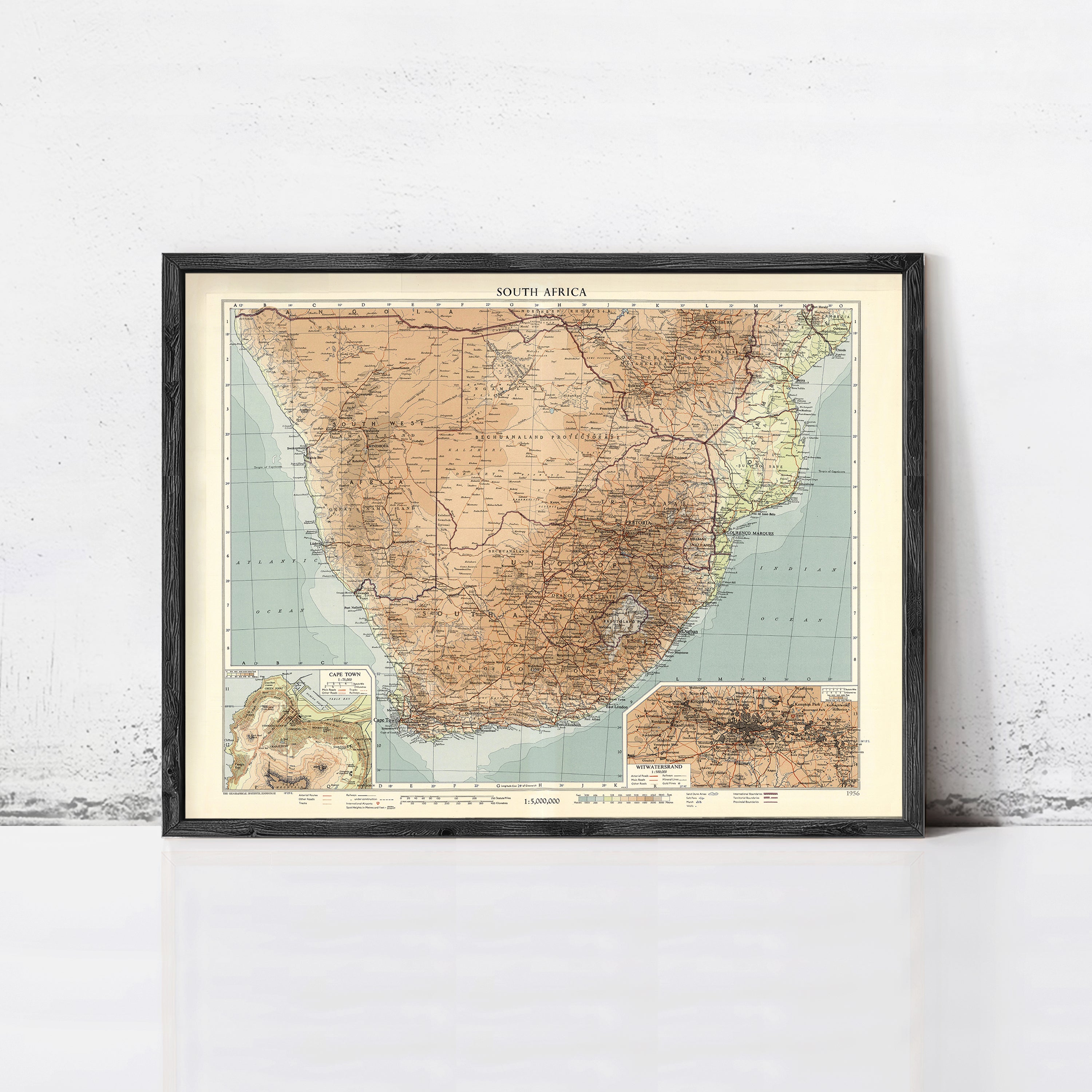 The image is a framed vintage map of South Africa, depicting the country's geographical layout and surrounding areas.