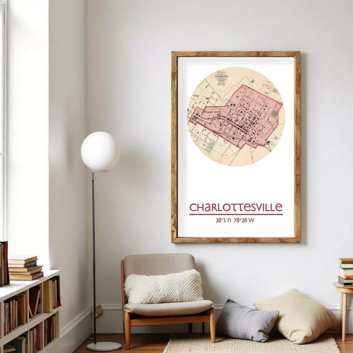 A framed map of Charlotteville, North Carolina, with the city's location and surrounding area marked on it.