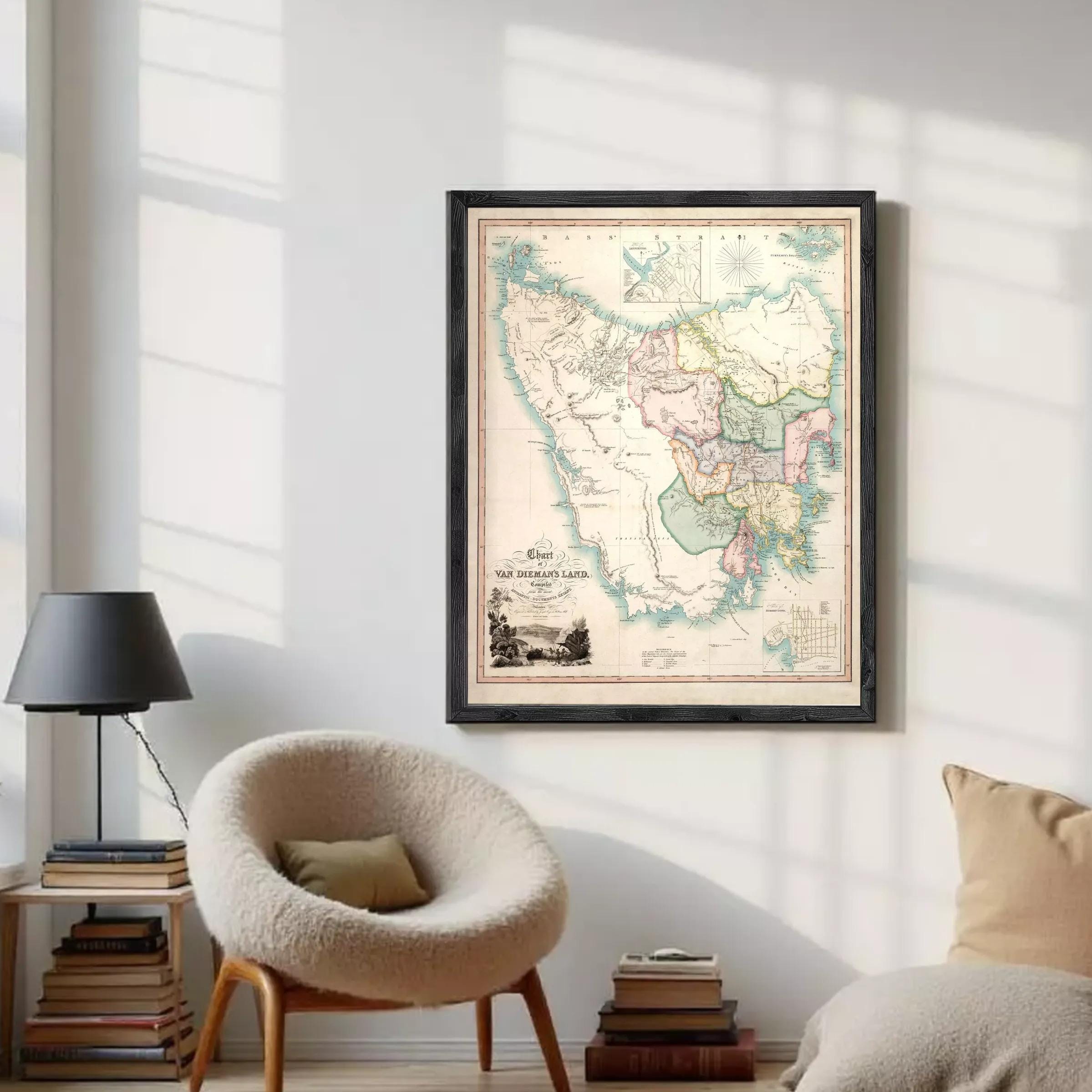The image is a framed vintage map of the Van Dien's Land, depicting the region in a detailed and colorful manner.