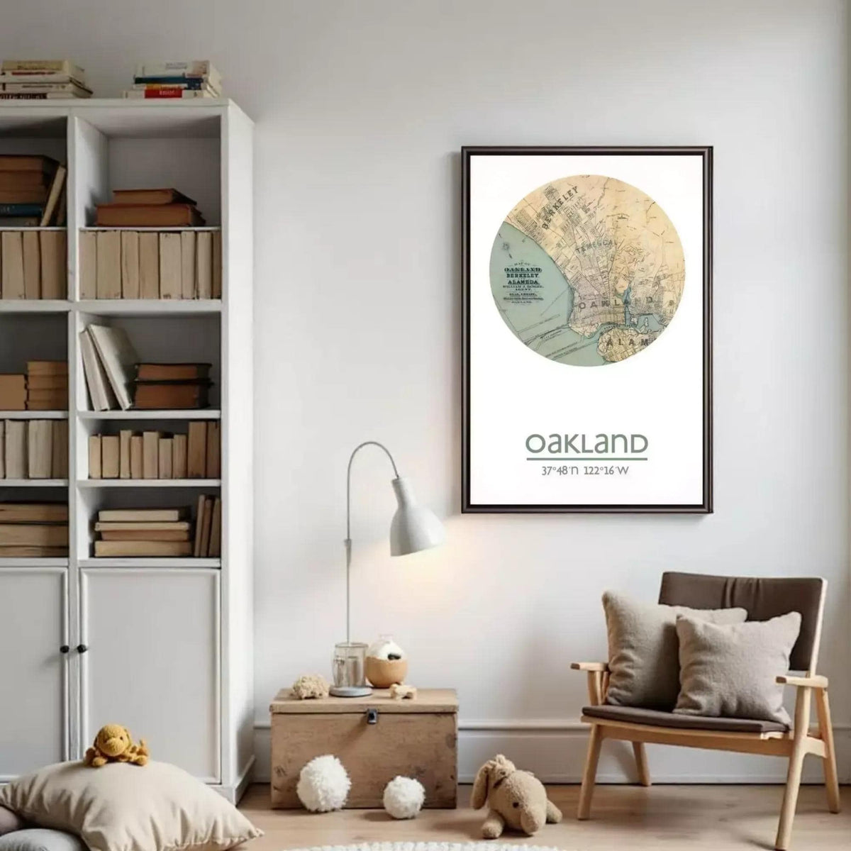 a cozy living room with a bookshelf filled with books, a lamp, a chair, and a teddy bear. A framed map of Oakland hangs on the wall, and a small wooden chest is placed on the floor.