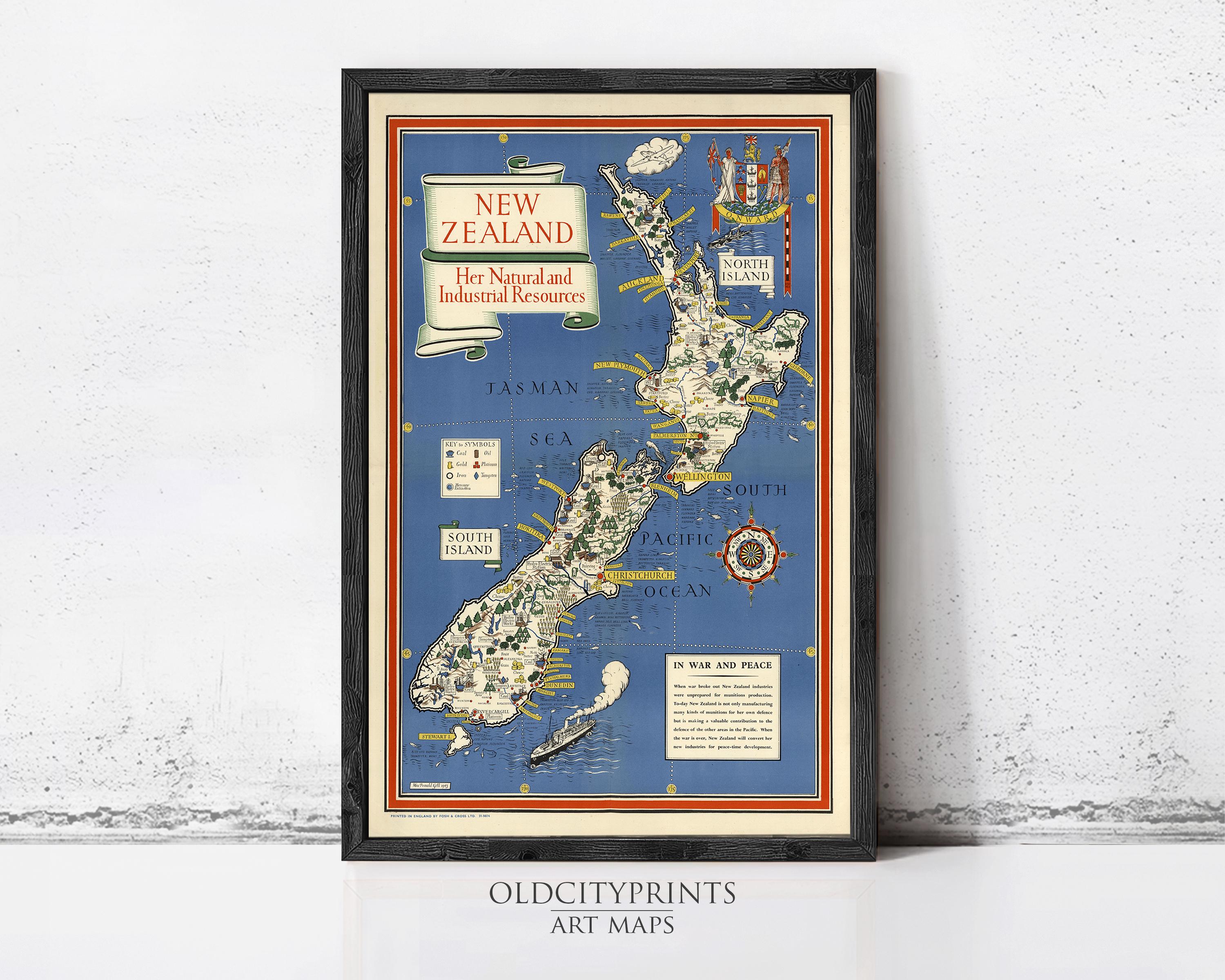 The image is a framed vintage map of New Zealand, depicting the country's natural and industrial resources.