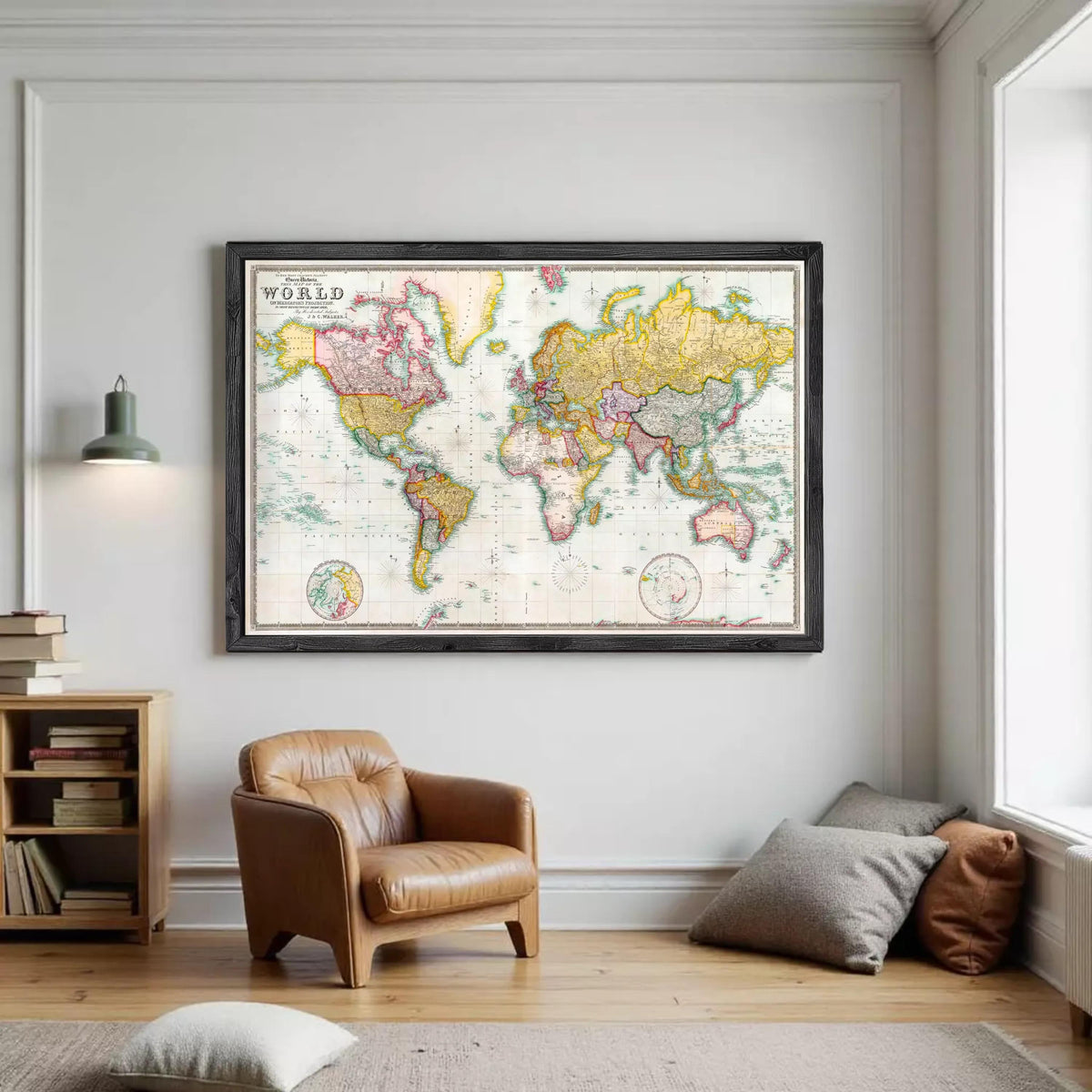 The image is a framed vintage world map with colorful borders and detailed country borders.