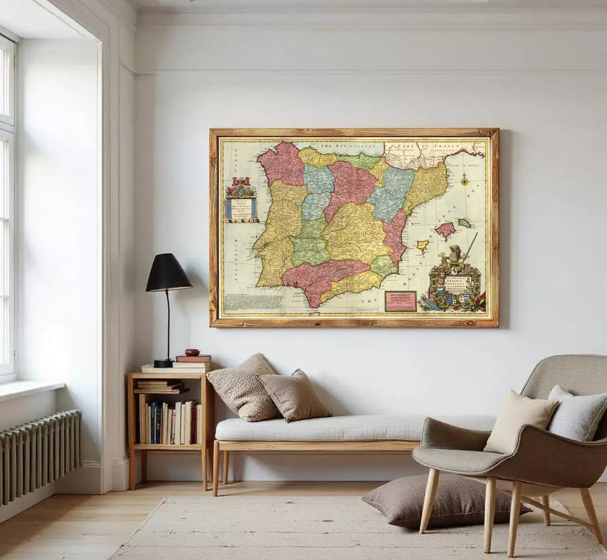 The image is a framed vintage map of Spain, featuring colorful regions and labels.