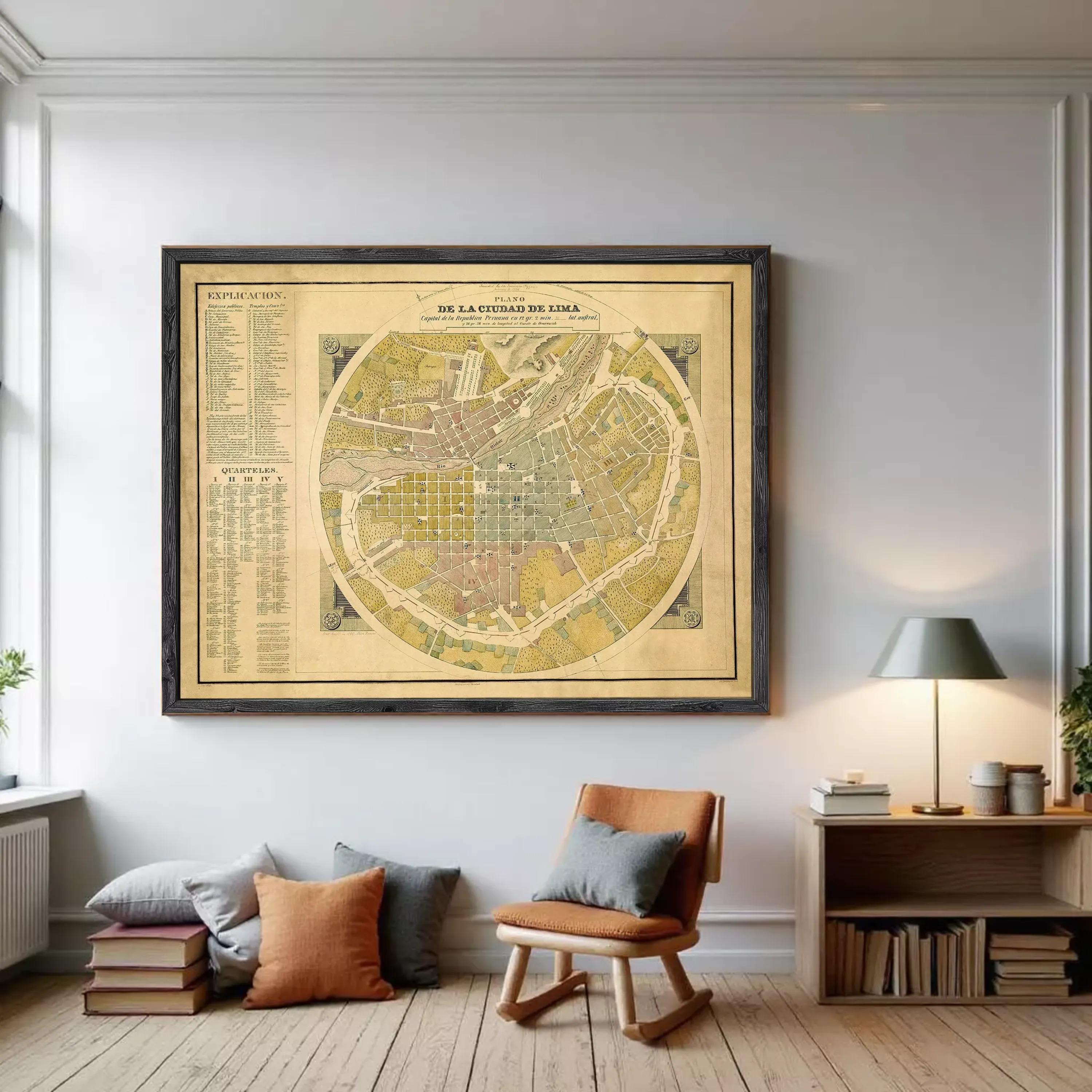 The image is a framed vintage map of a city, likely from the 19th century, with detailed labels and a color scheme.