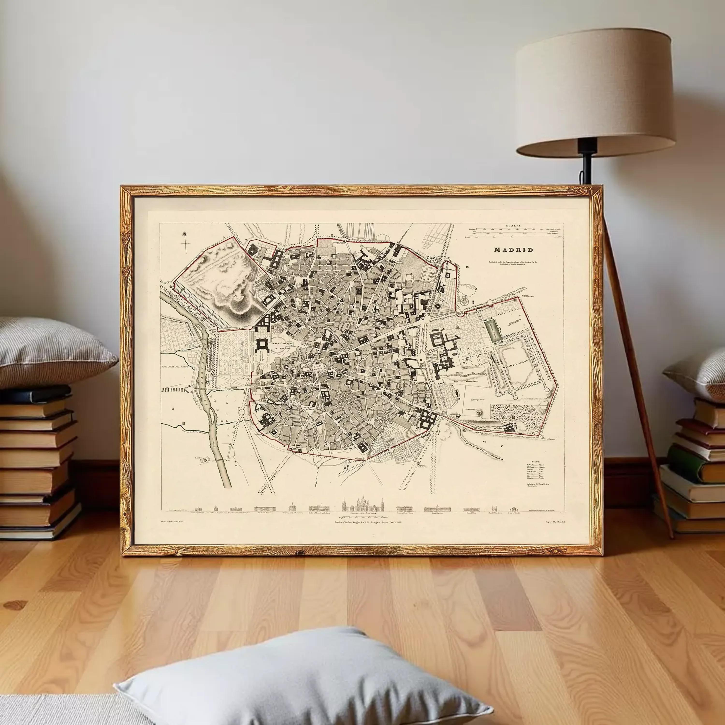 The image is a framed vintage map of Madrid, Spain, depicting the city's layout and surrounding areas.