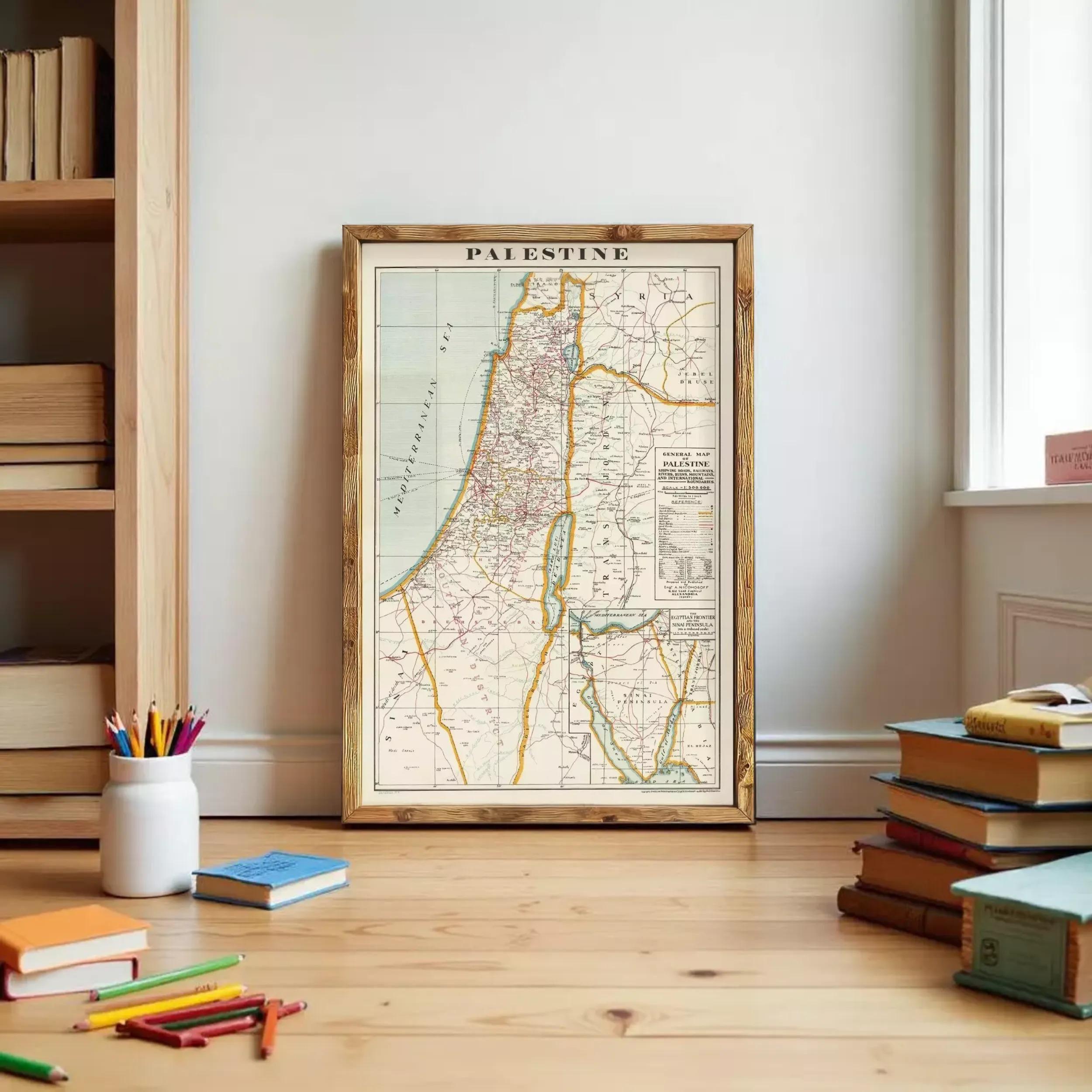 a framed map of Palestine, with a variety of books and stationery items scattered around the wooden floor in the foreground.
