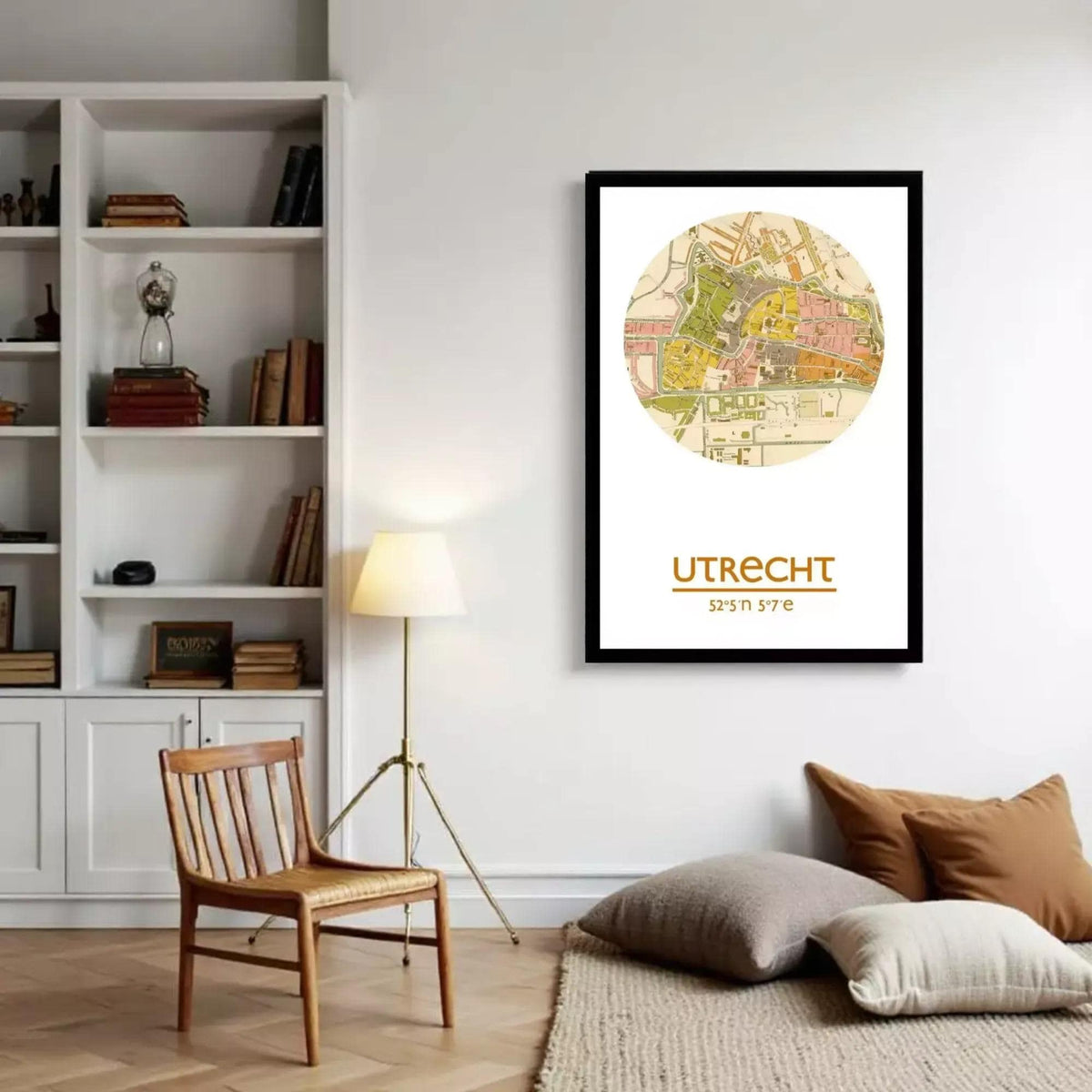 A framed map of Urecht, a city in Germany, with a circular design and various colored areas representing different neighborhoods or districts.