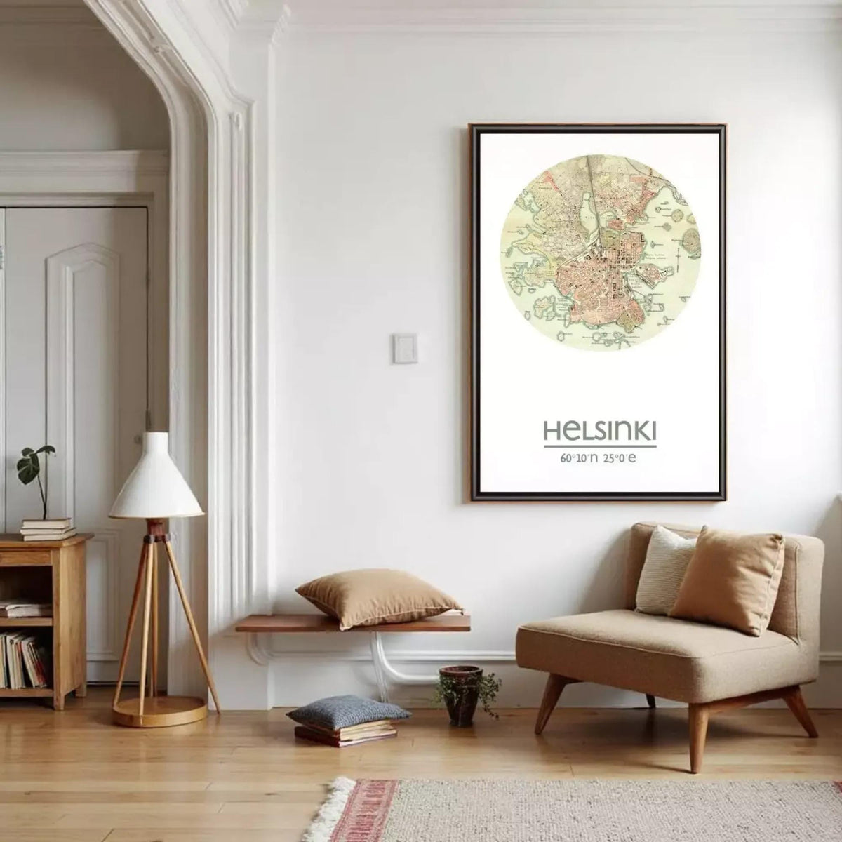 a cozy living room with a large map of Helsinki hanging on the wall, a wooden bench, a beige armchair, and a lamp.