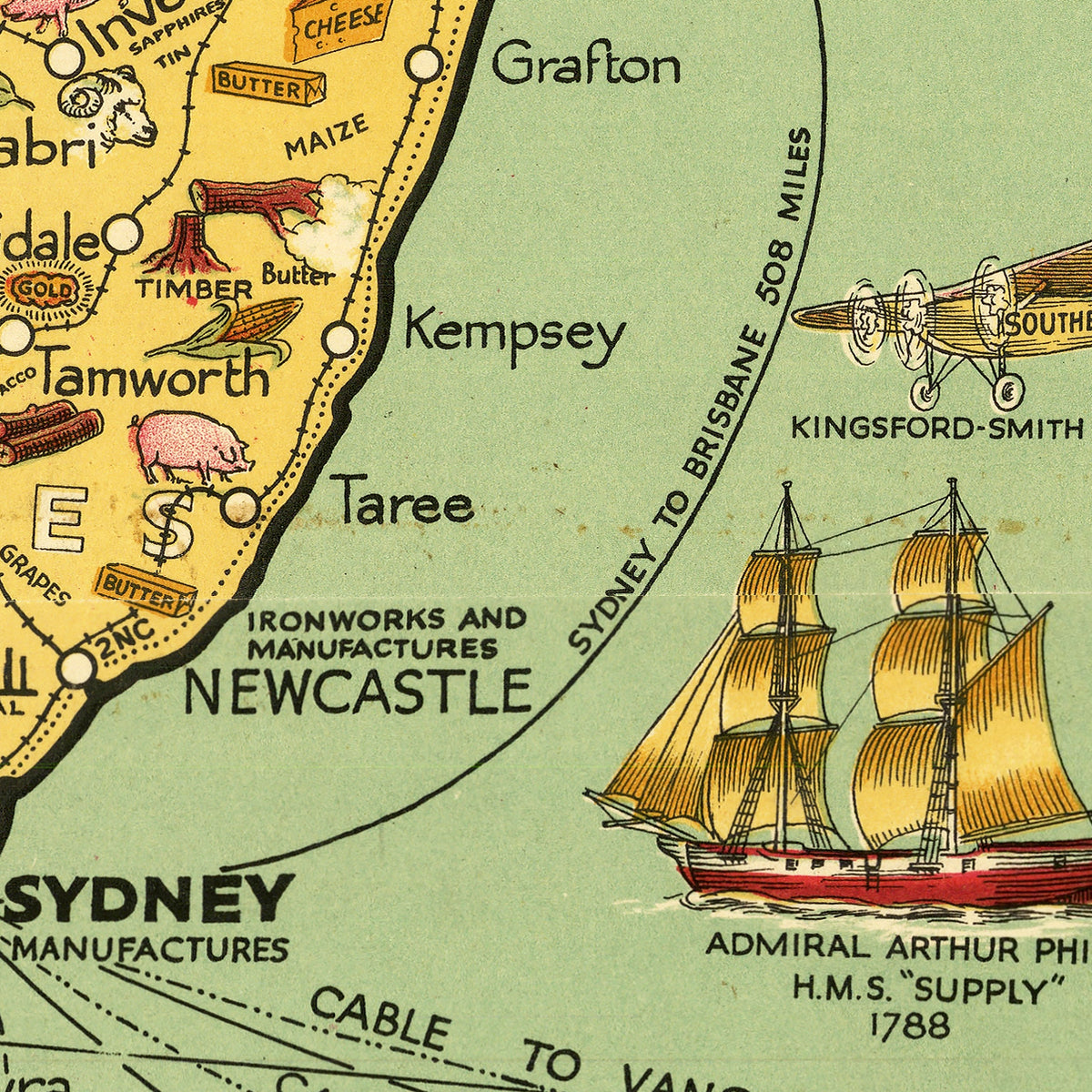 The image is a vintage map of Australia and New Zealand, featuring illustrations of various landmarks and transportation routes.