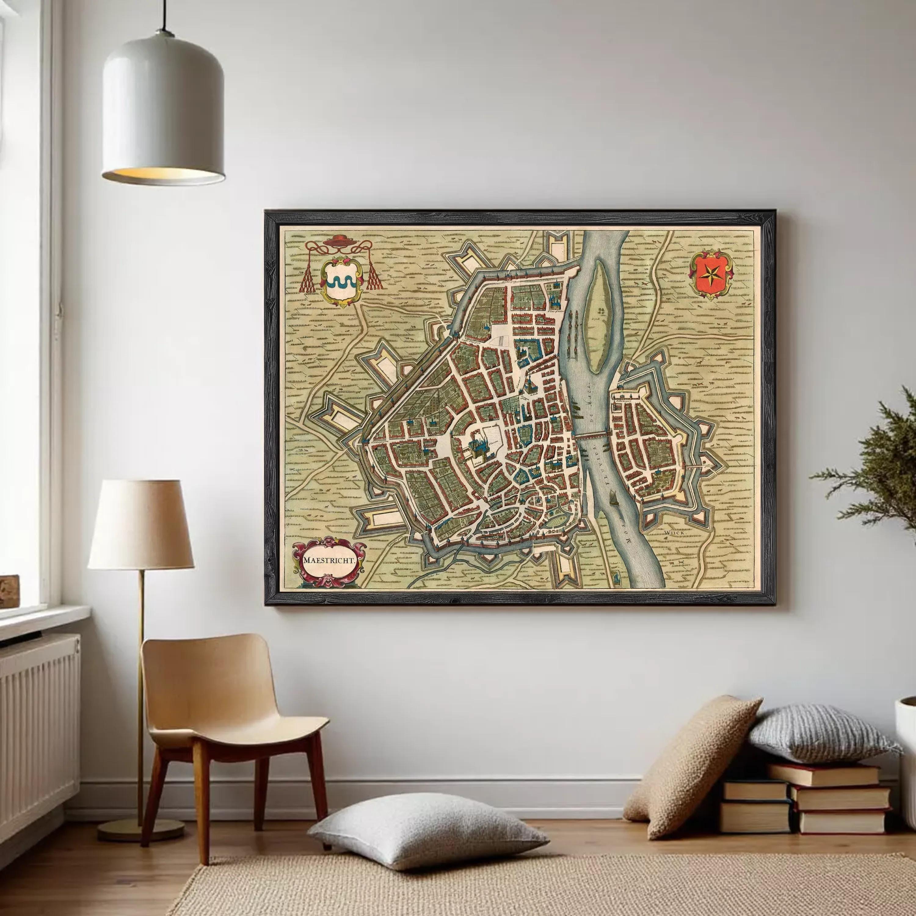 The image is a framed vintage map of a city, likely from the 16th century, depicting a detailed layout of the city with streets, buildings, and other landmarks.