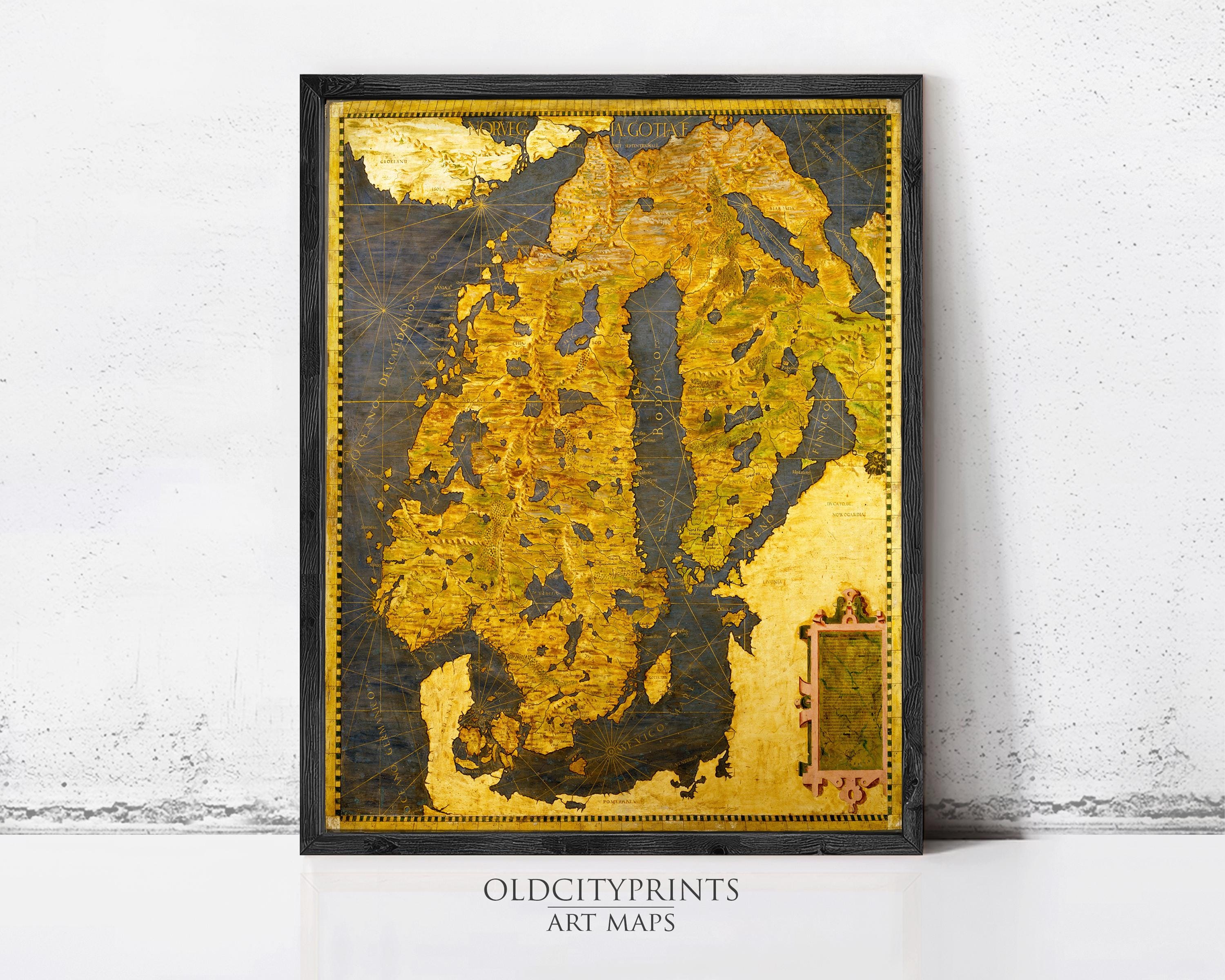 The image is a framed art print depicting a map of the world, with a gold and black color scheme.