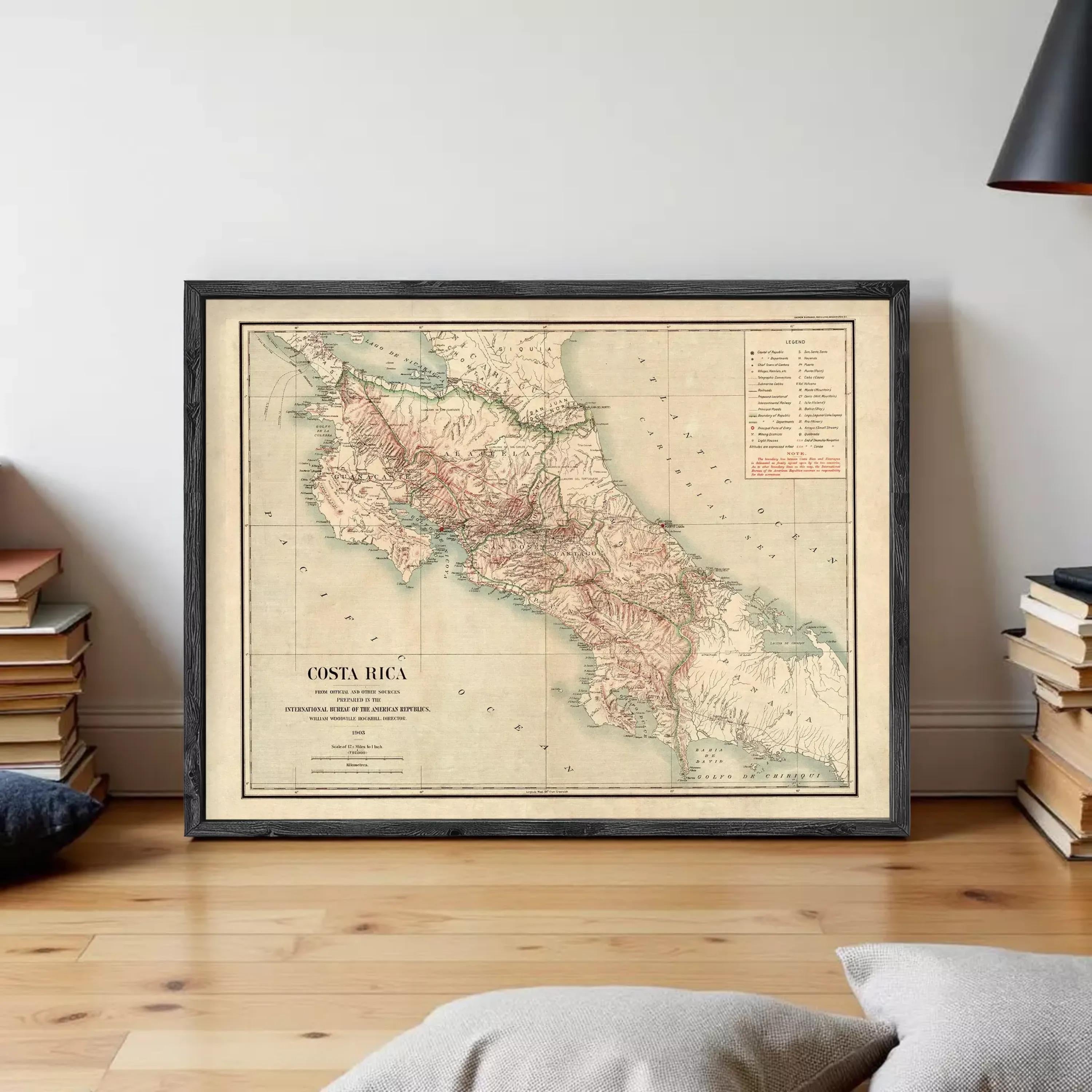 The image is a framed vintage map of Costa Rica, depicting the country's geographical layout and boundaries.