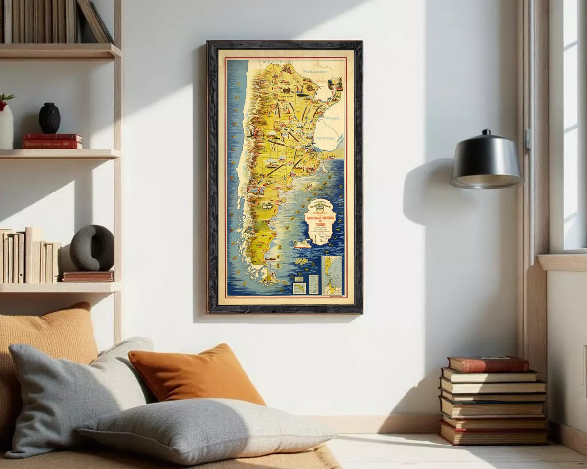 The image is a framed vintage map of South America, featuring various countries and regions with labels and illustrations.