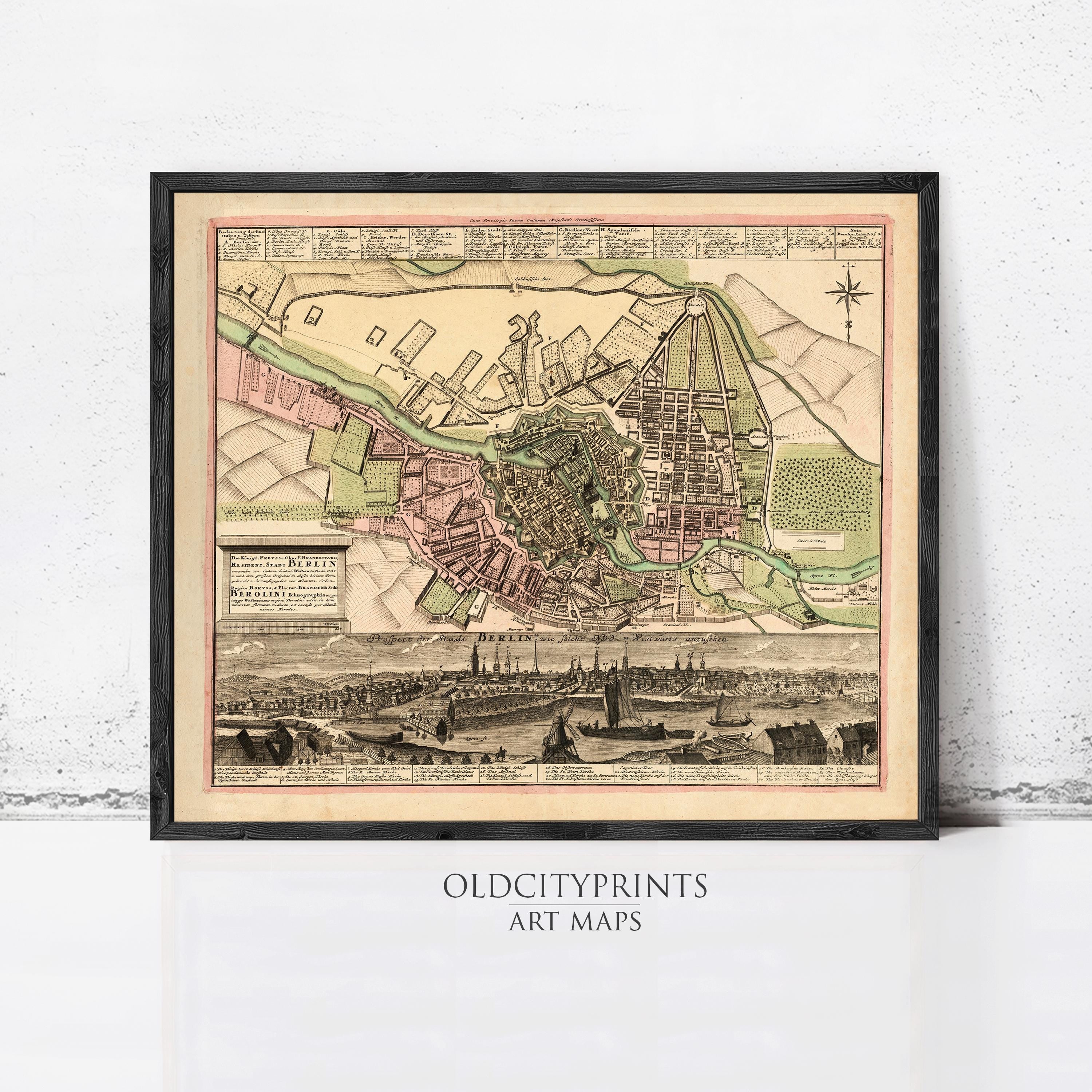 The image is a framed vintage map of a city, depicting the layout of the city and surrounding areas.