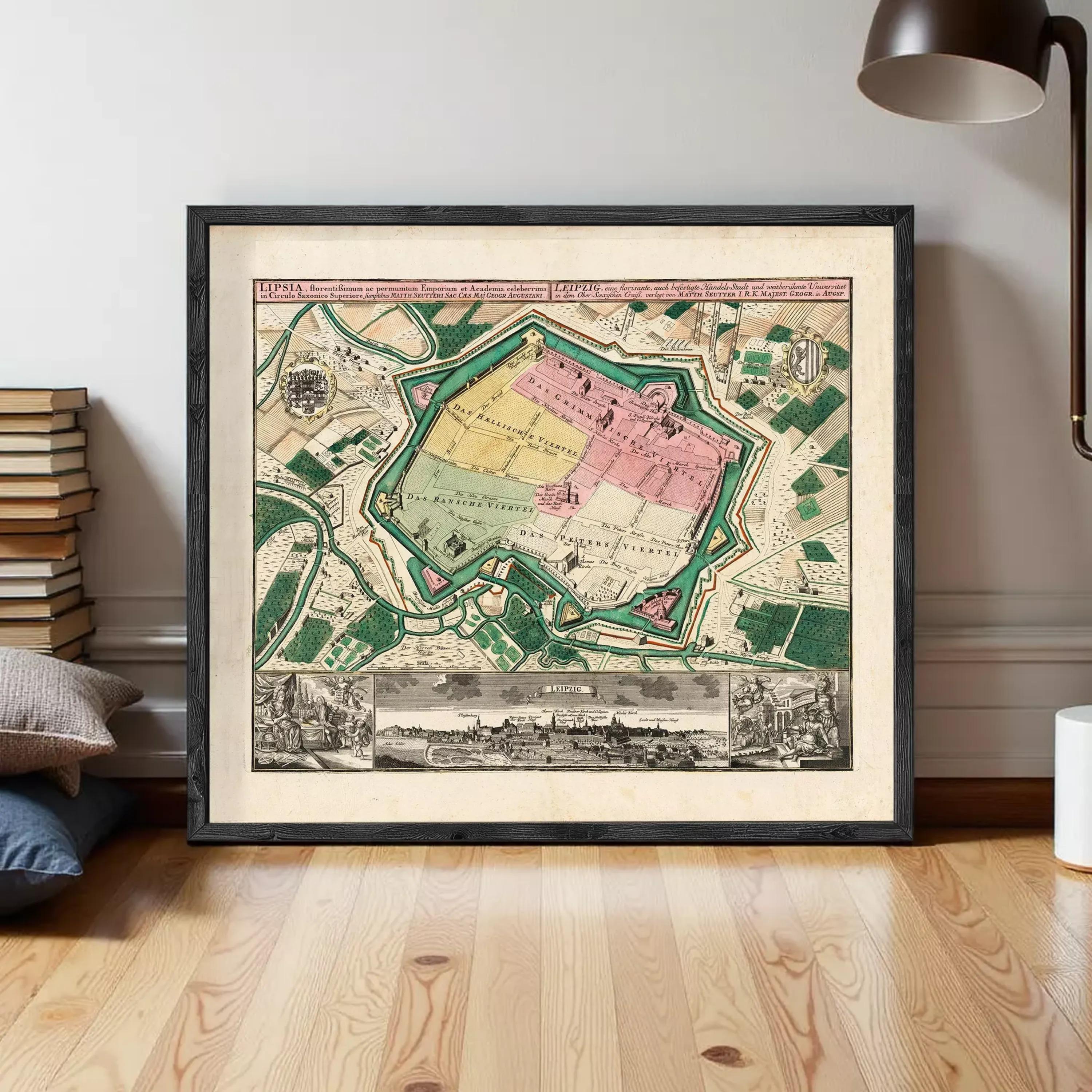 The image is a framed vintage map of a city, depicting a detailed layout of the city's streets, buildings, and other landmarks.
