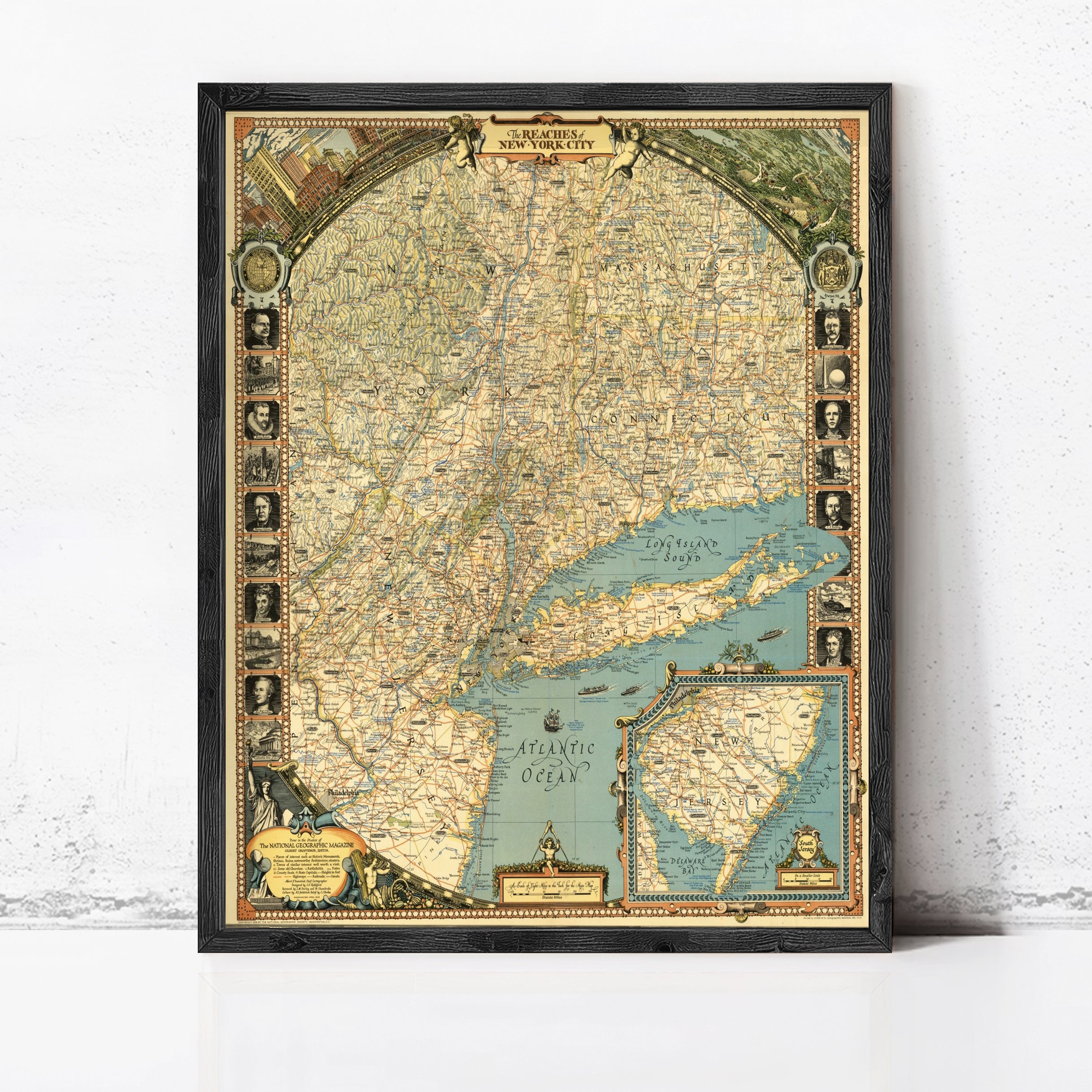 The image is a framed vintage map of the eastern United States, featuring detailed geographical information and a decorative border.