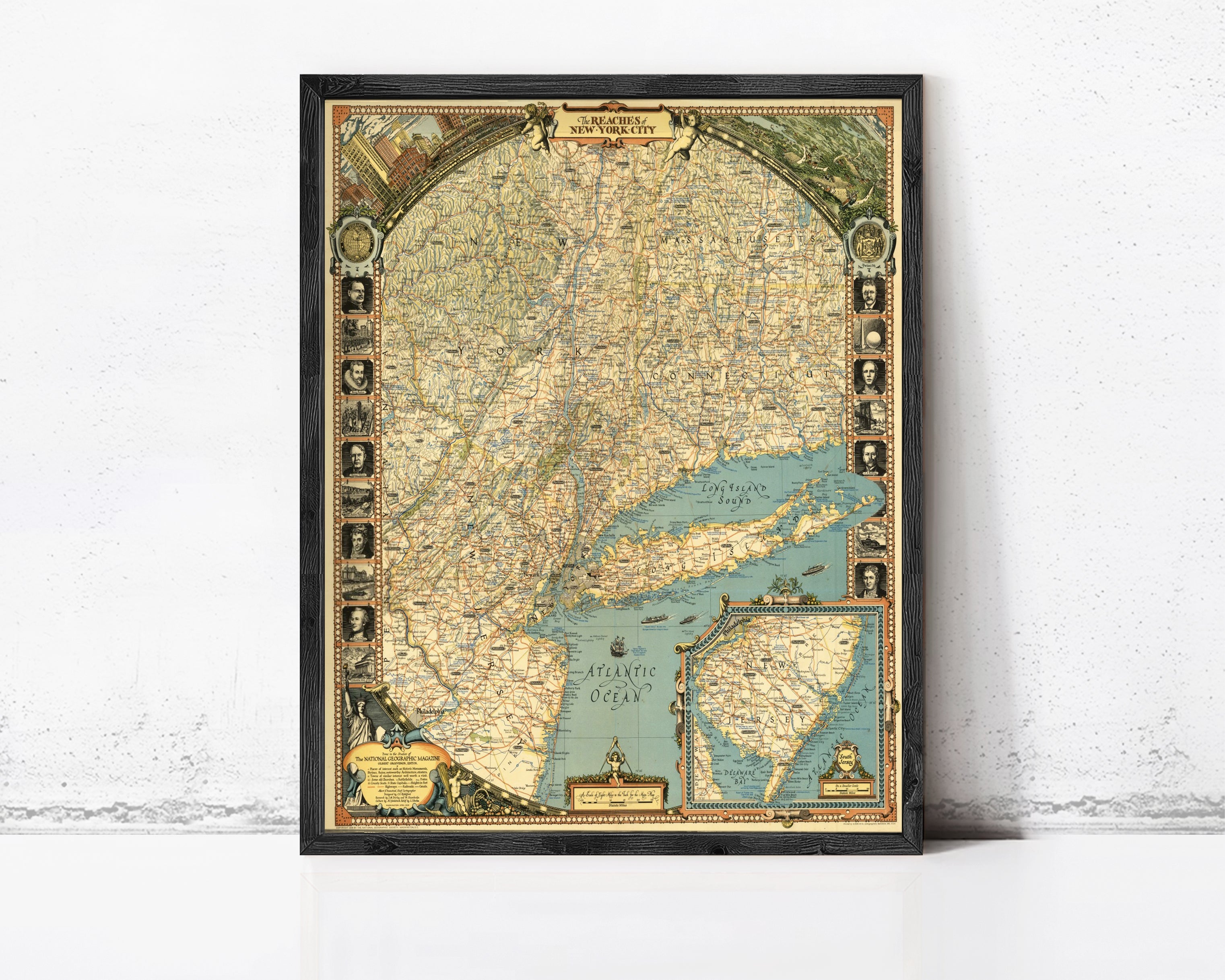 The image is a framed vintage map of the eastern United States, featuring detailed geographical information and a decorative border.