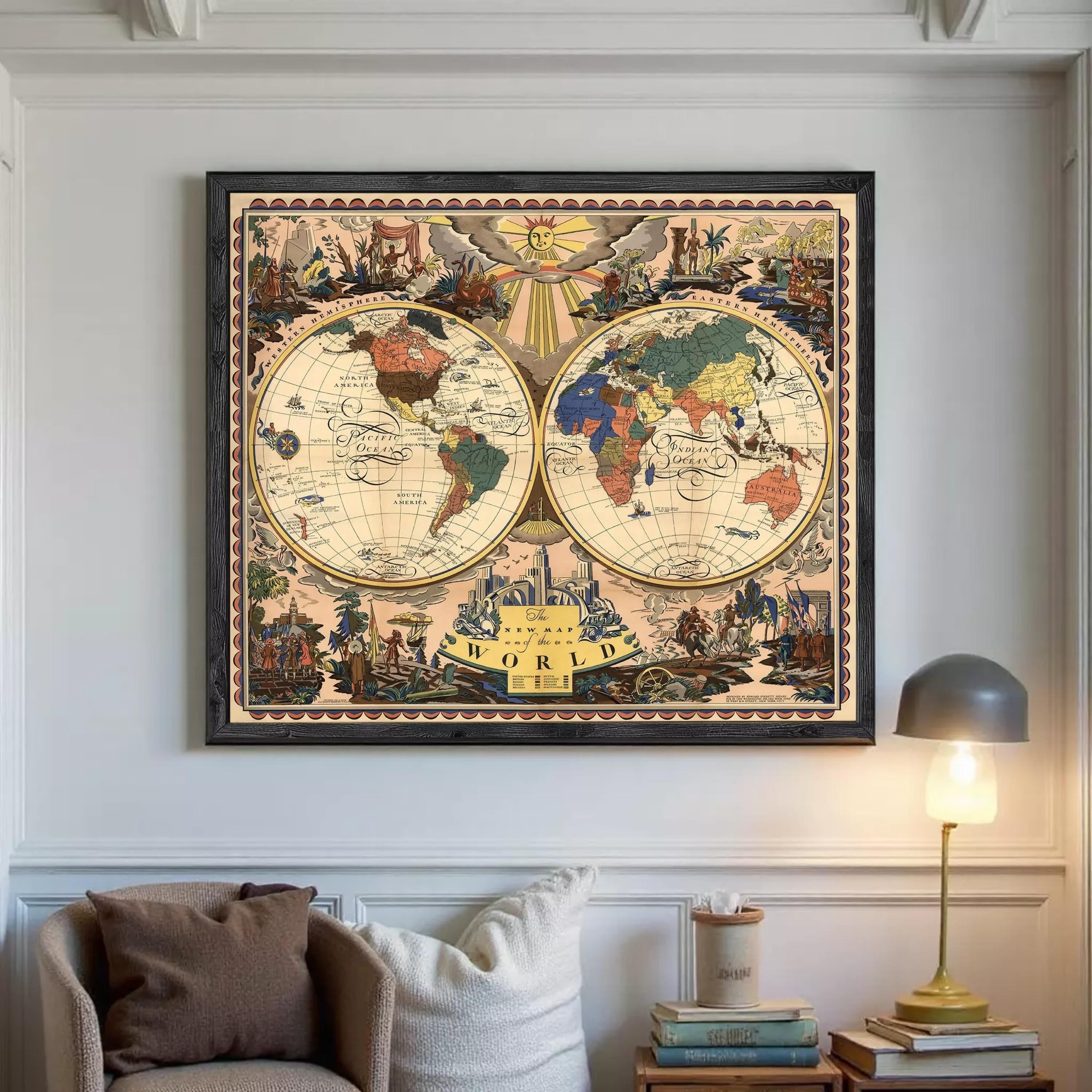 The image is a framed vintage map of the world, featuring intricate illustrations and detailed cartography.