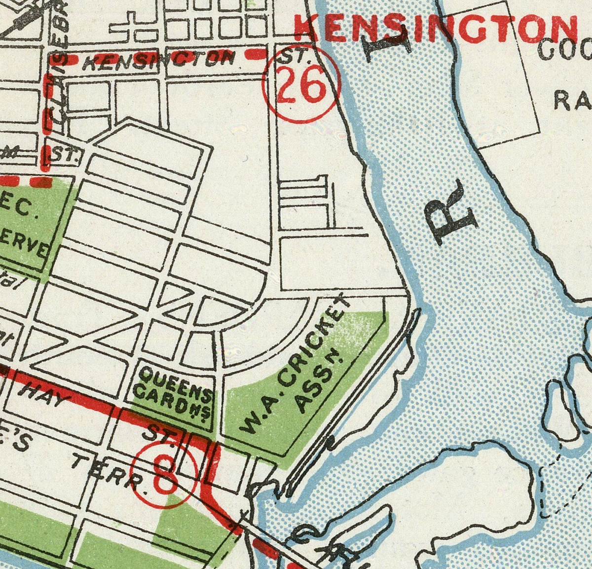 The image is a map of a city, showing streets, landmarks, and a body of water.