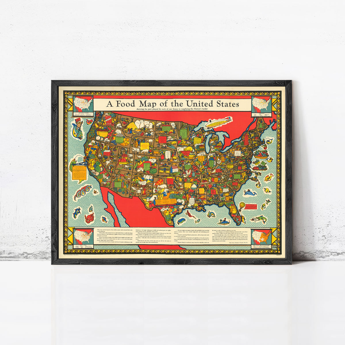 A framed illustration of a colorful map of the United States, depicting various food-related icons and labels.
