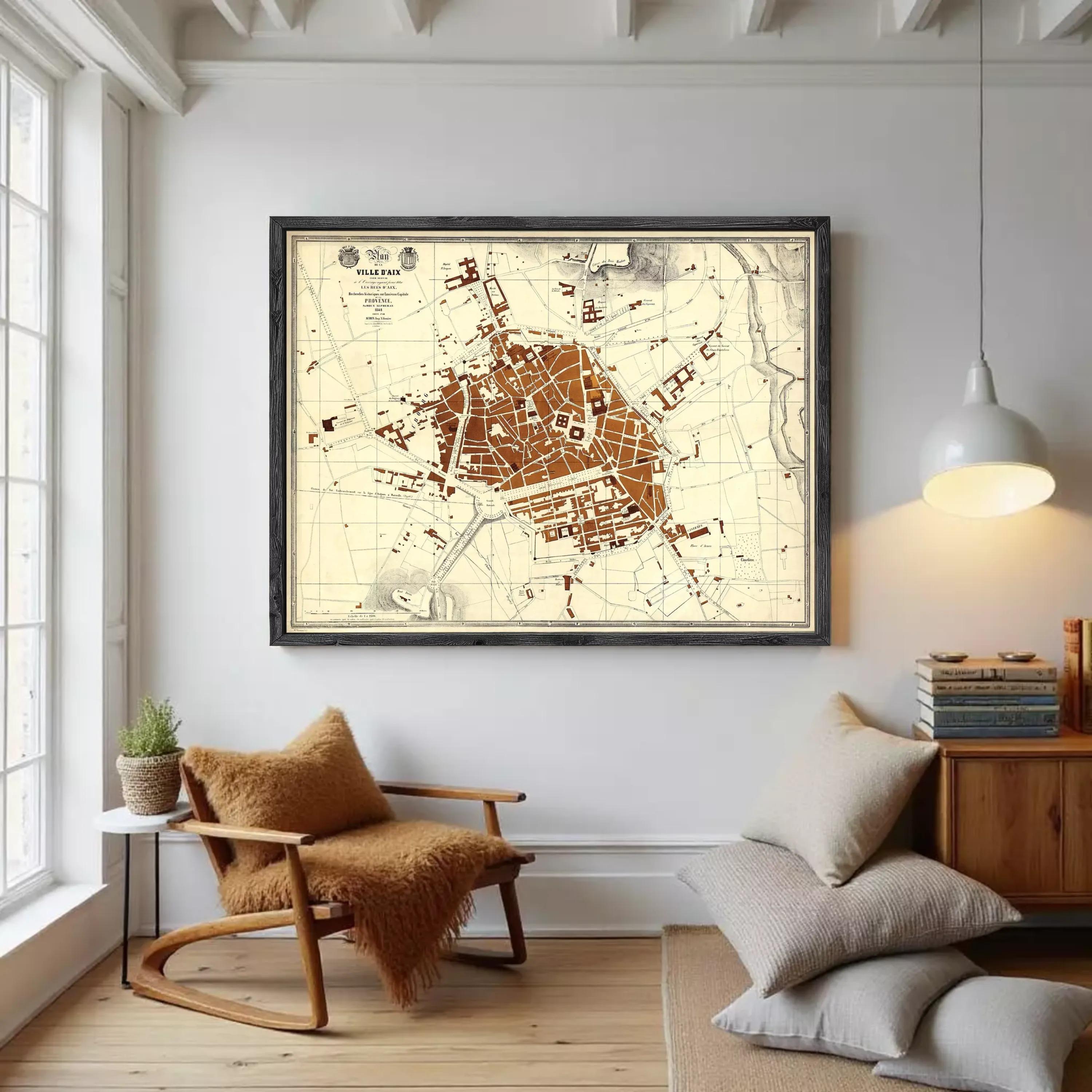 The image is a framed map of a city, likely a historical or vintage map, displayed on a wall.