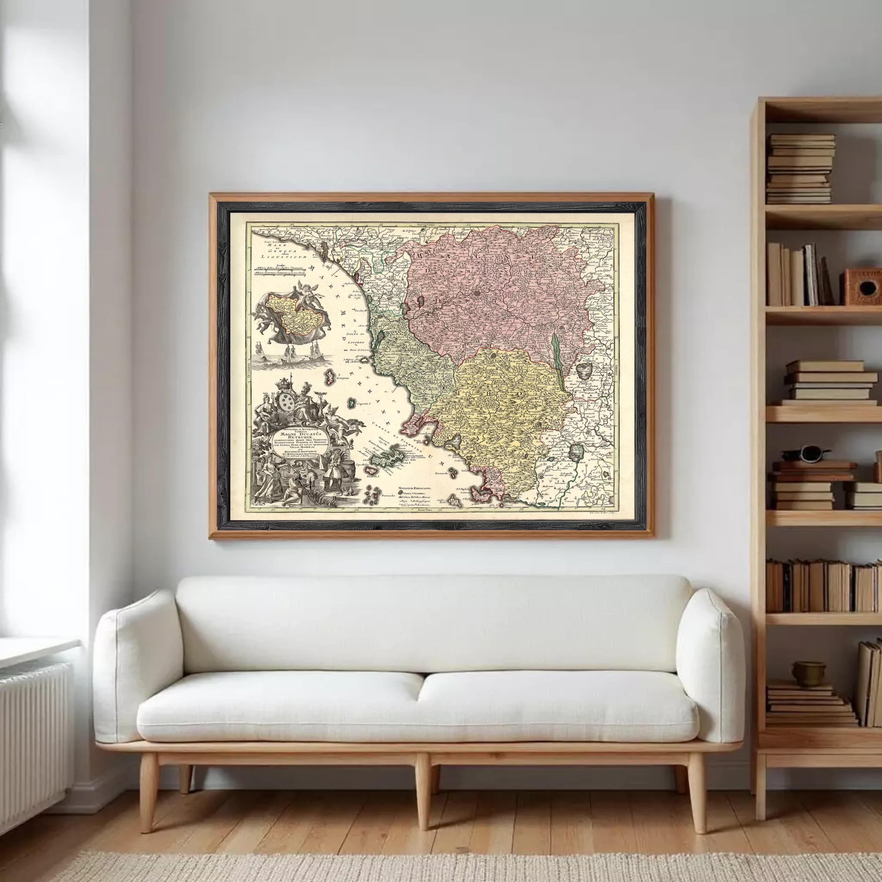 The image is a framed antique map of Europe, featuring detailed illustrations and color-coded regions.