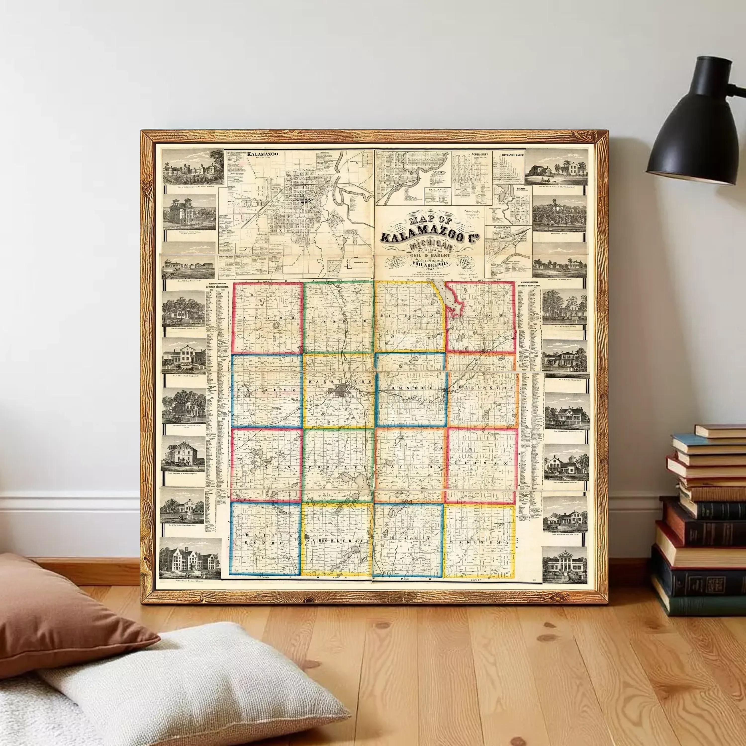 The image is a framed vintage map of the state of Kansas, with a detailed layout of the state's geographical features and boundaries.