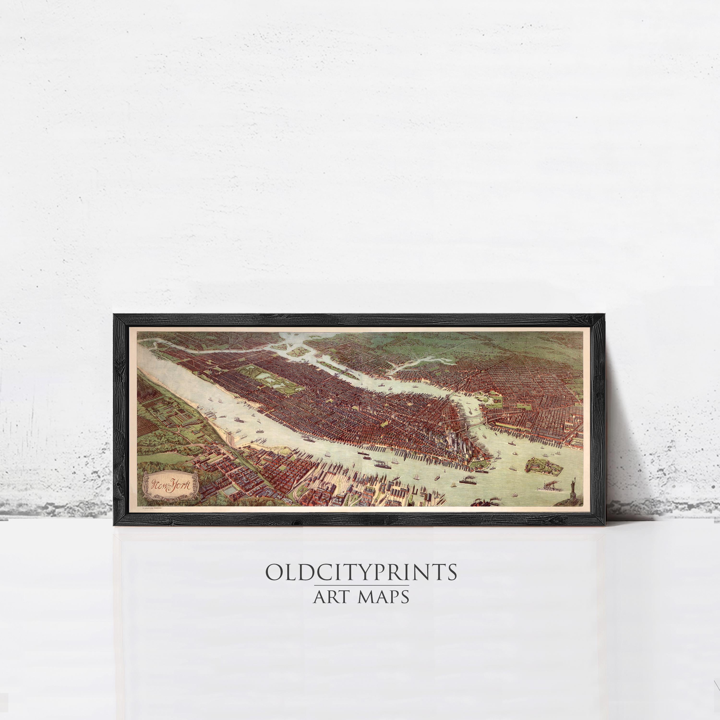 The image is a framed art print depicting an aerial view of a city, likely New York, with a river running through it.