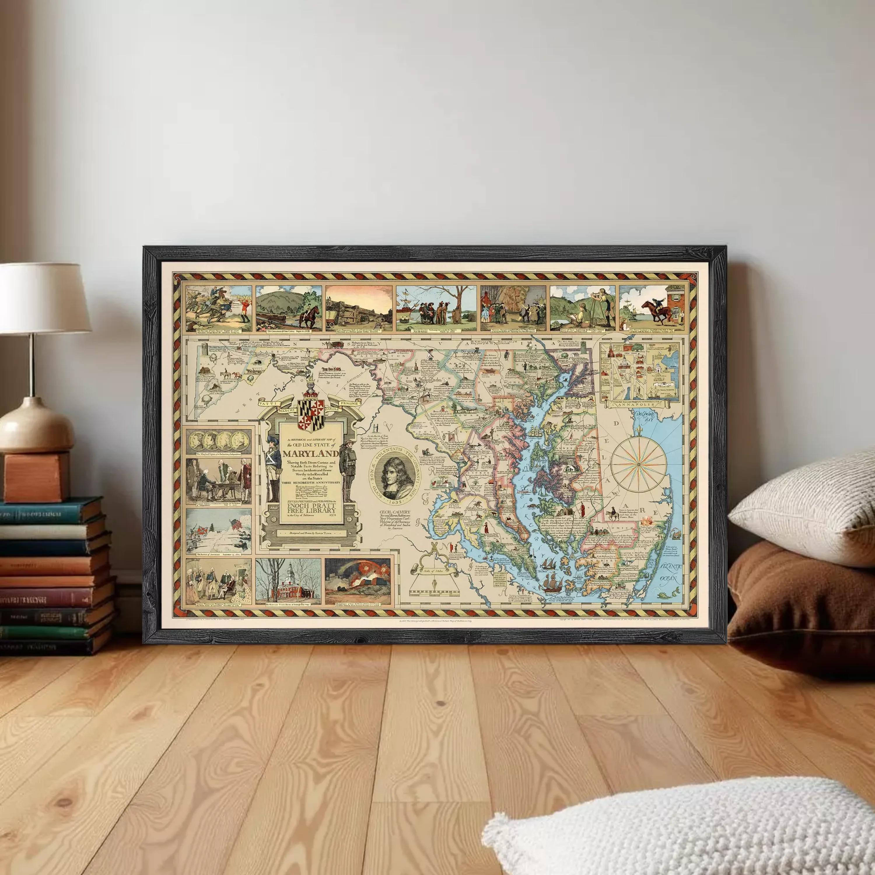 The image is a framed vintage map of Maryland, featuring various illustrations and labels that provide geographical information about the state.