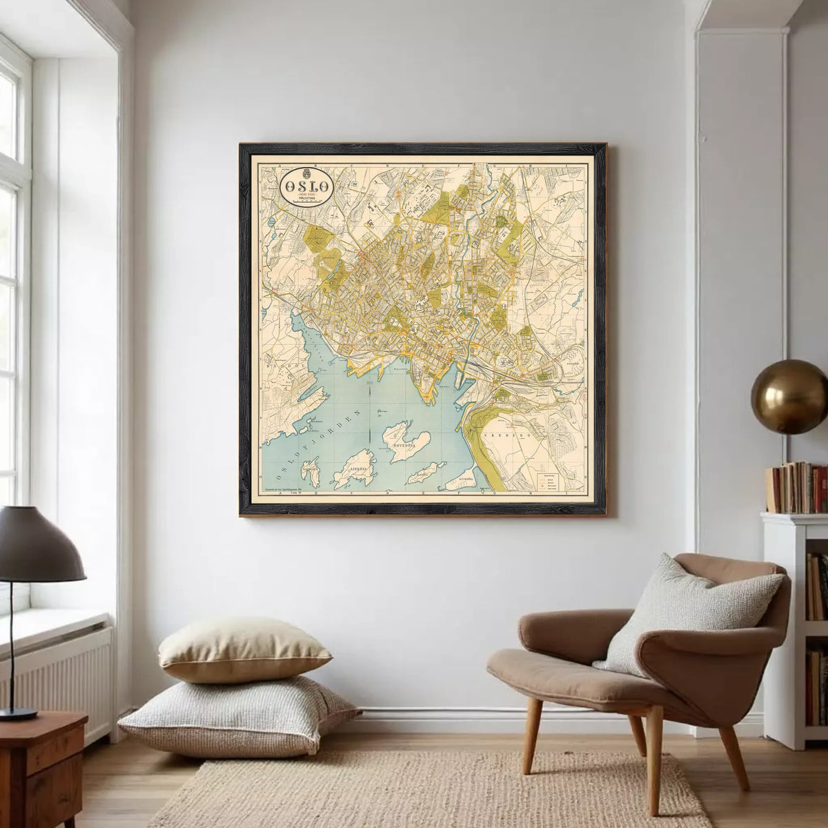 a large framed map of Oslo, Norway, hanging on a wall in a living room setting.