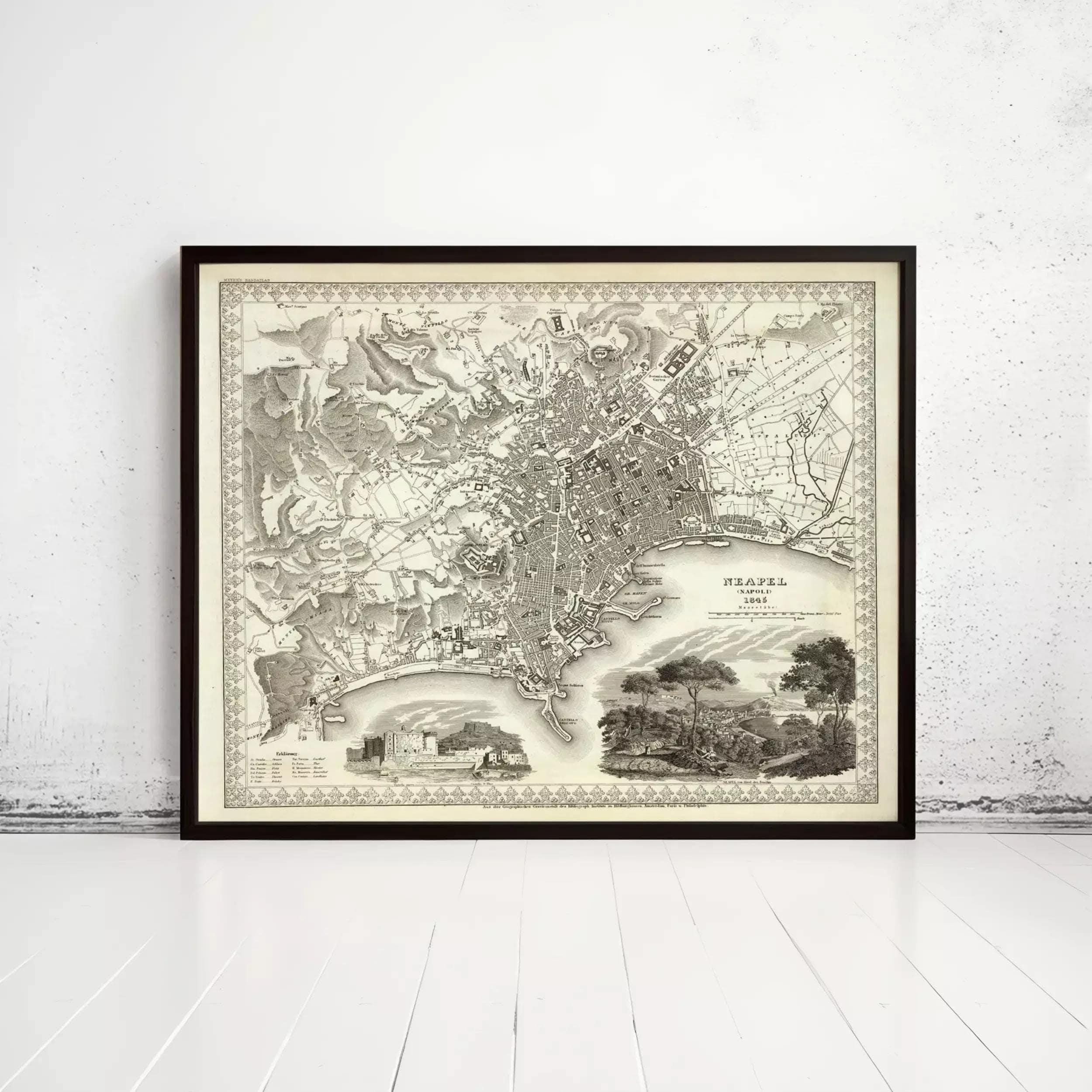 The image is a framed vintage map of a city, likely London, with detailed illustrations and labels.