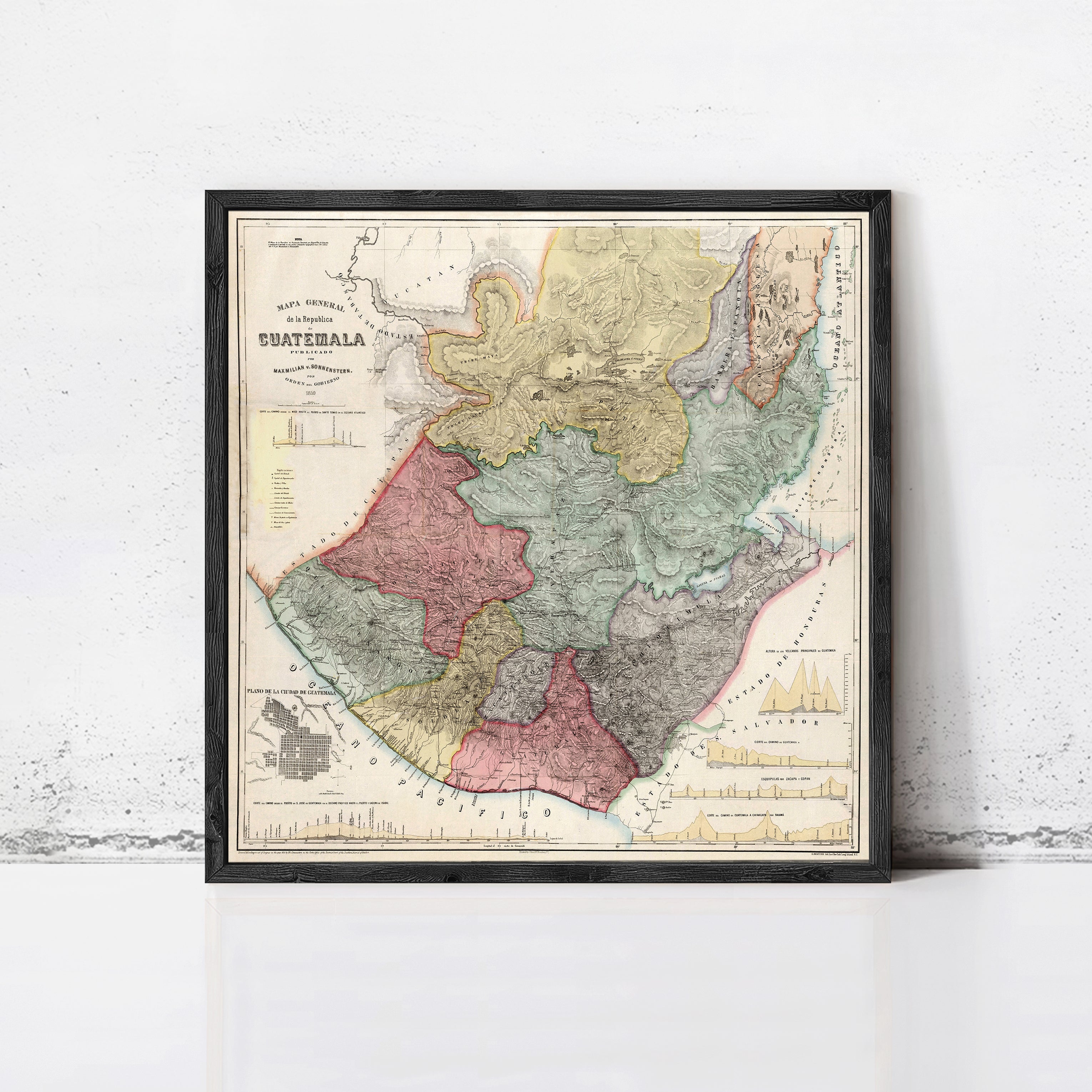 The image is a framed map of Guatemala, depicting the country's geographical layout and boundaries.