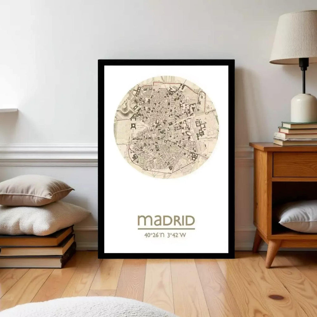 A framed map of Madrid, Spain, with the city's name and coordinates displayed.