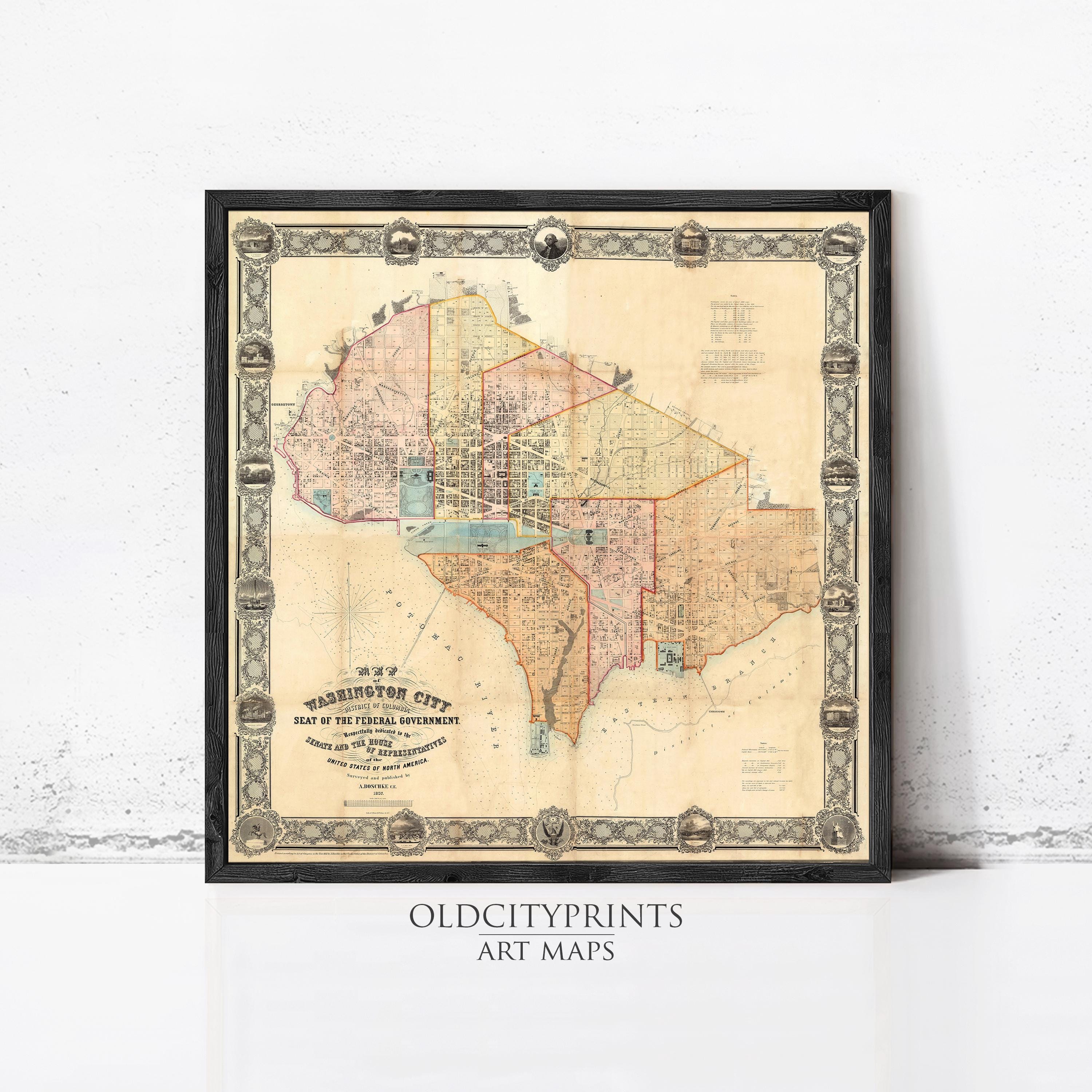 The image is a framed vintage map of the Washington, D.C. area, depicting the city's streets and surrounding regions.