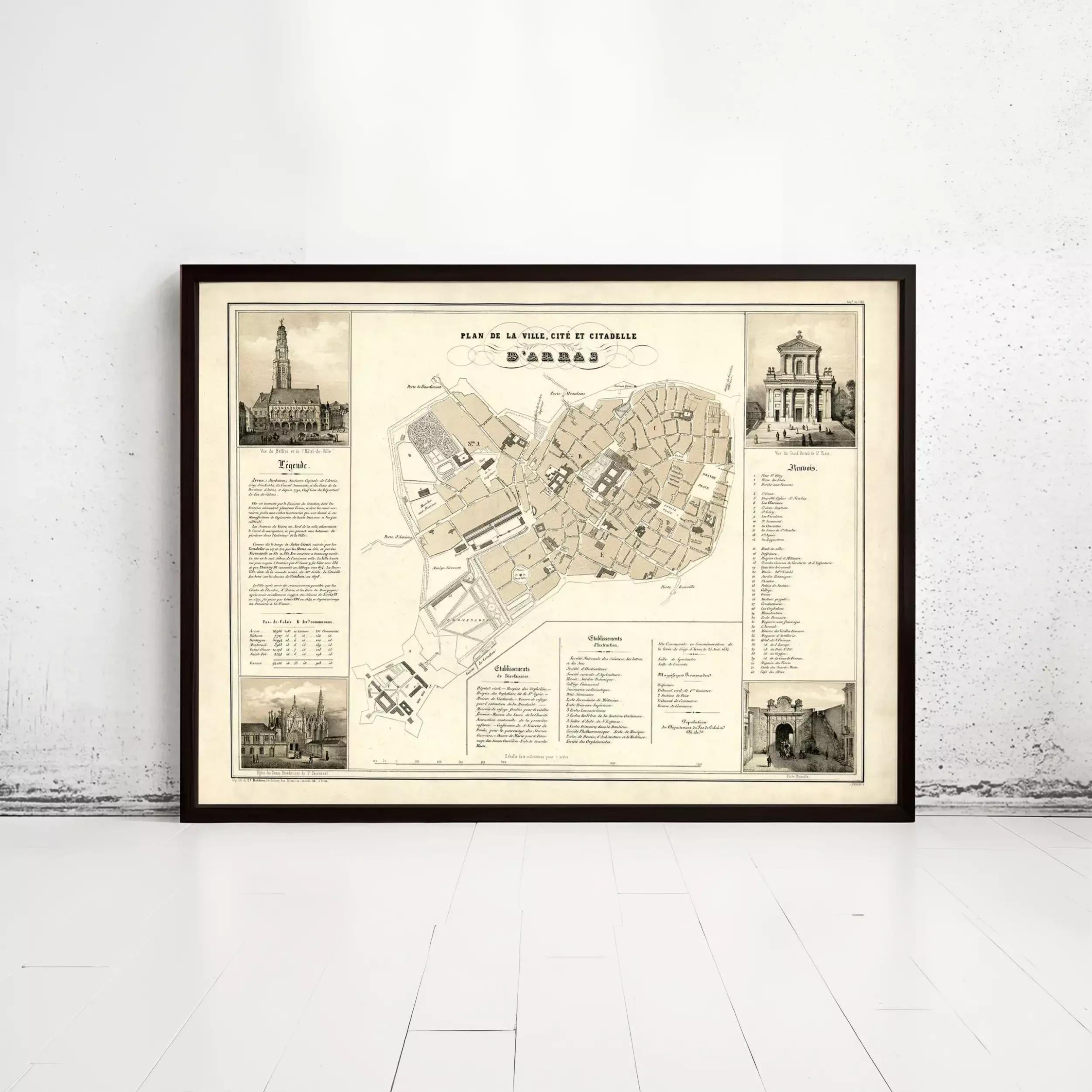The image is a framed map of a city, likely Paris, with various buildings and landmarks depicted.