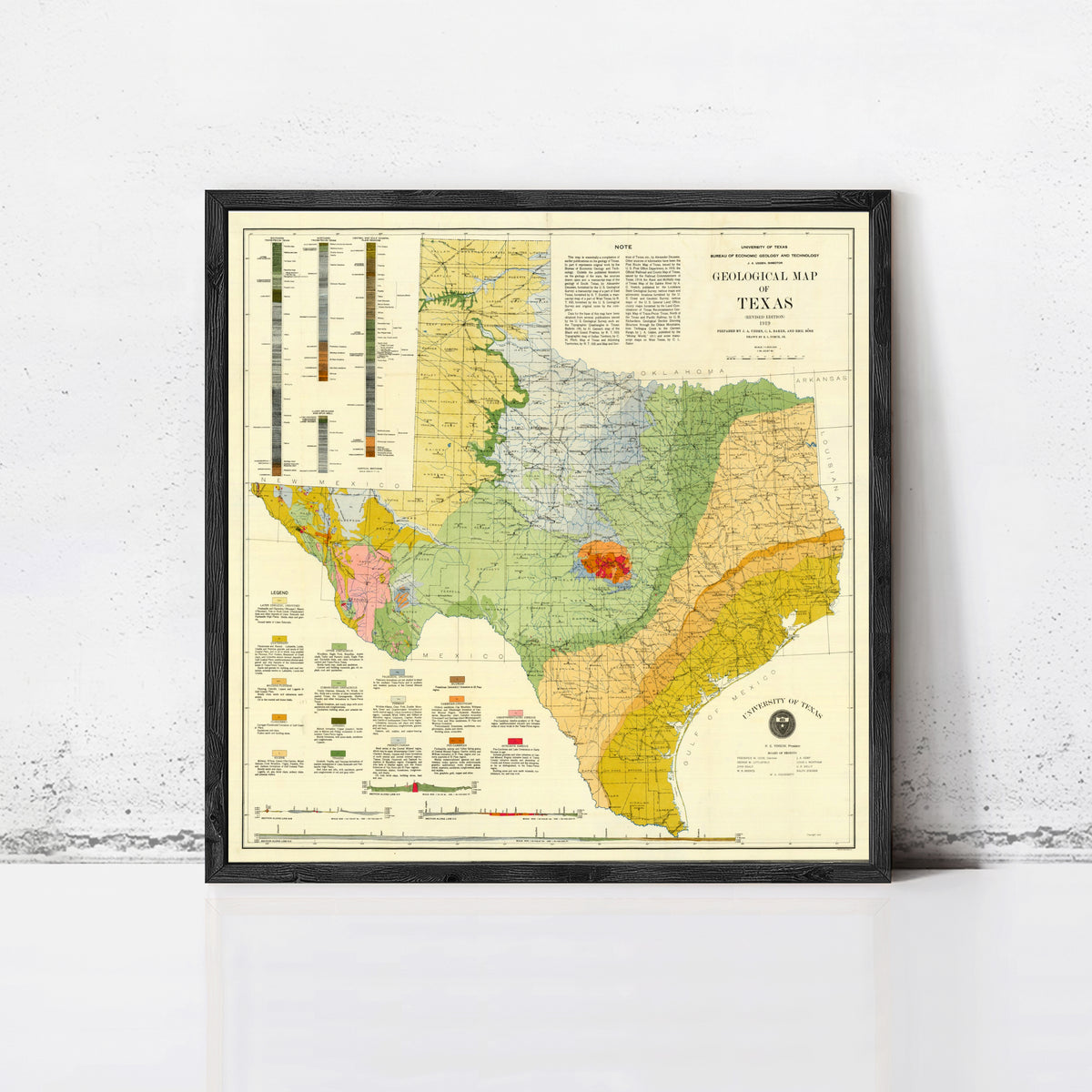 The image is a framed geological map of Texas, showing the state's geological features and topography.