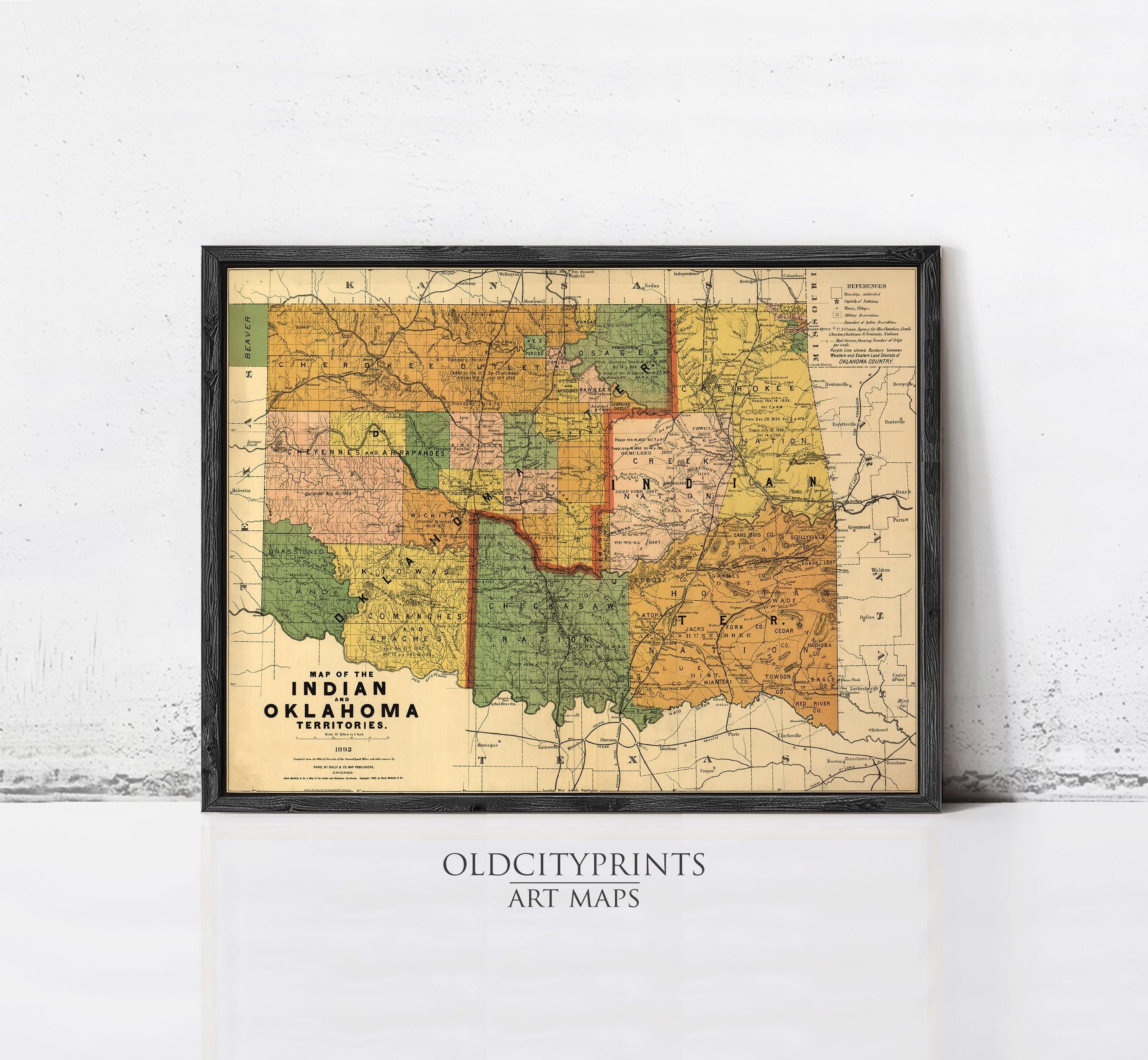The image is a framed vintage map of the Indian reservations in Oklahoma, depicting the state's territorial boundaries and the locations of the reservations.