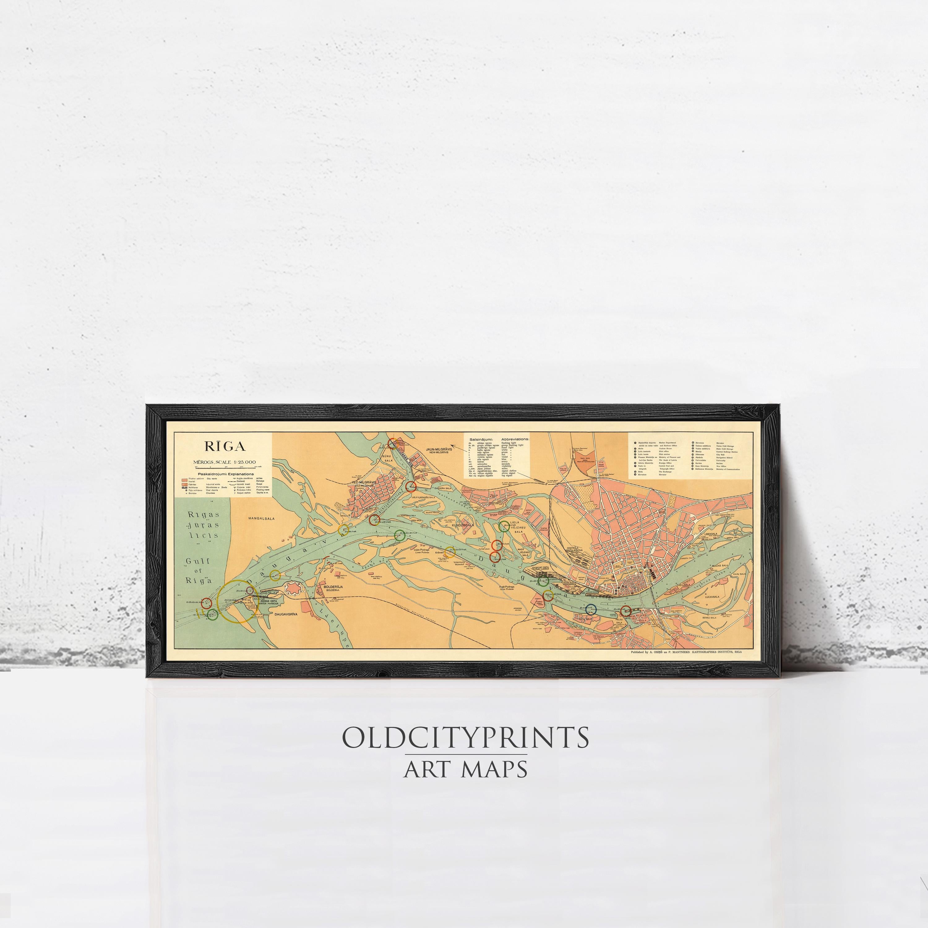 The image is a framed art map of the Riga metropolitan area, depicting the city's waterways and surrounding areas.