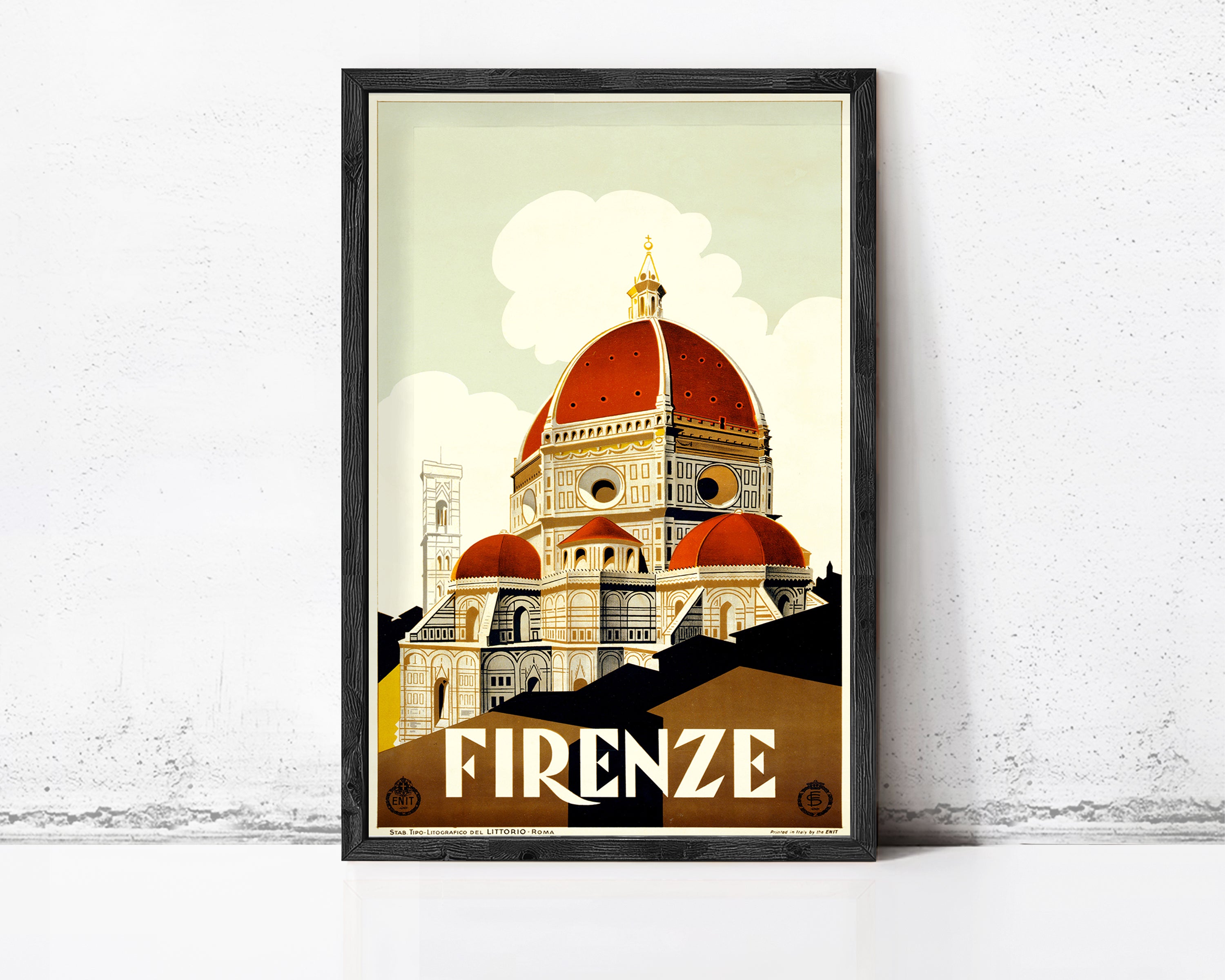 The image is a framed poster depicting the Florence Cathedral, also known as the Cathedral of Saint Mary of the Flower, with its distinctive red dome and architectural details.