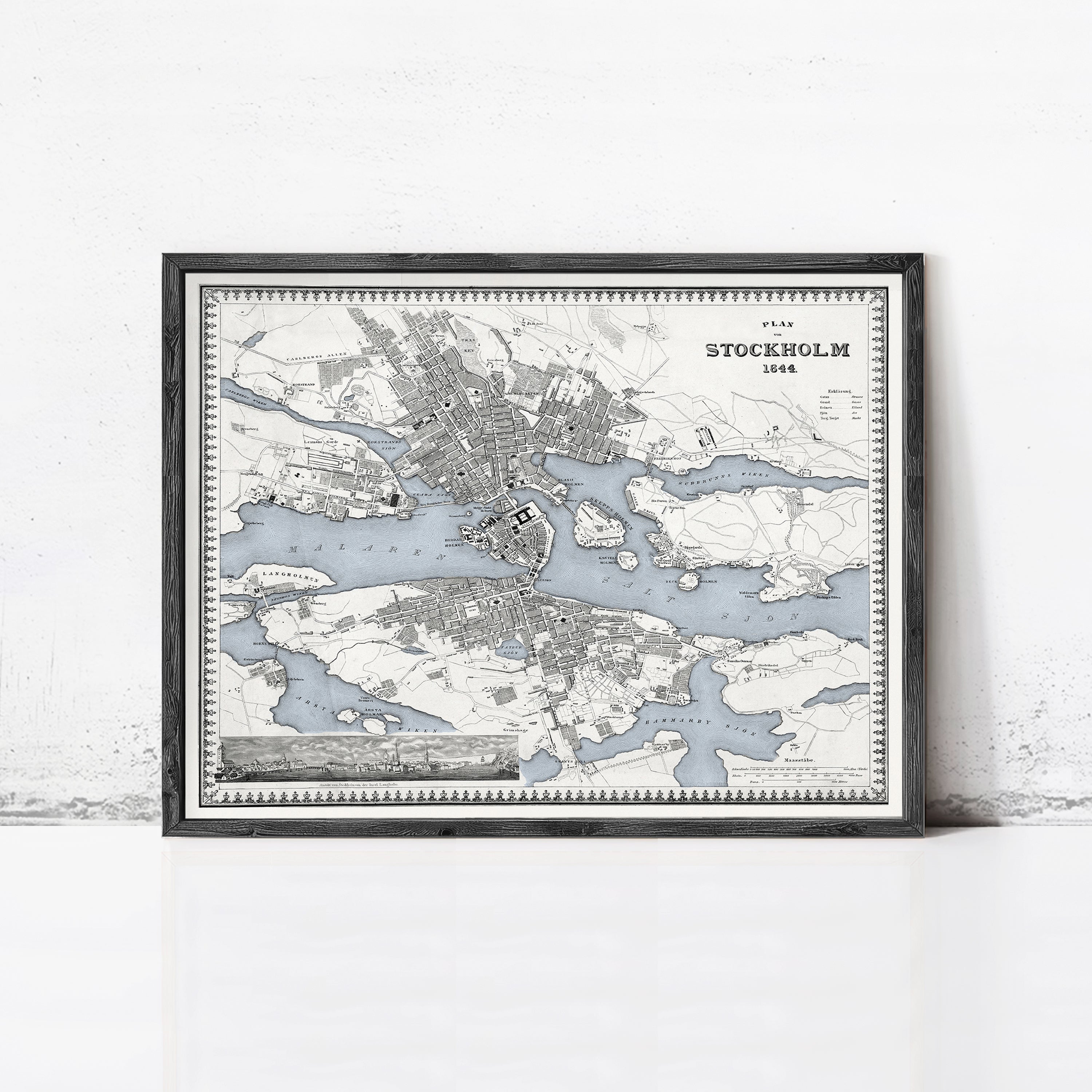 The image is a framed map of Stockholm, Sweden, depicting the city's layout and surrounding waterways.